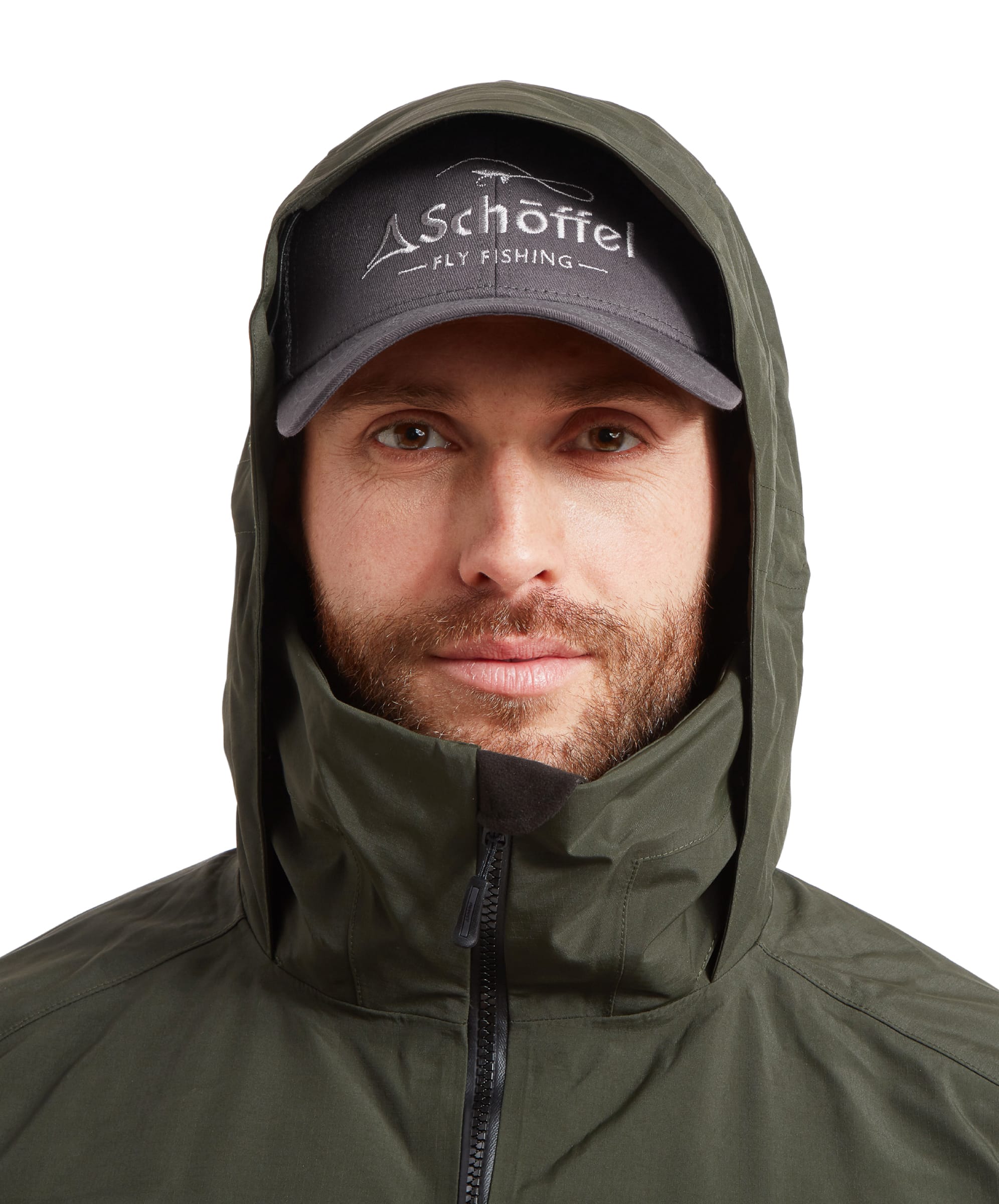 Close-up of the hood and collar area on the Schöffel Salar II Wading Jacket for Men in Green. The collar is a generous depth and the hood is a snug fit. The man wears with a grey cap and is looking directly at the camera.