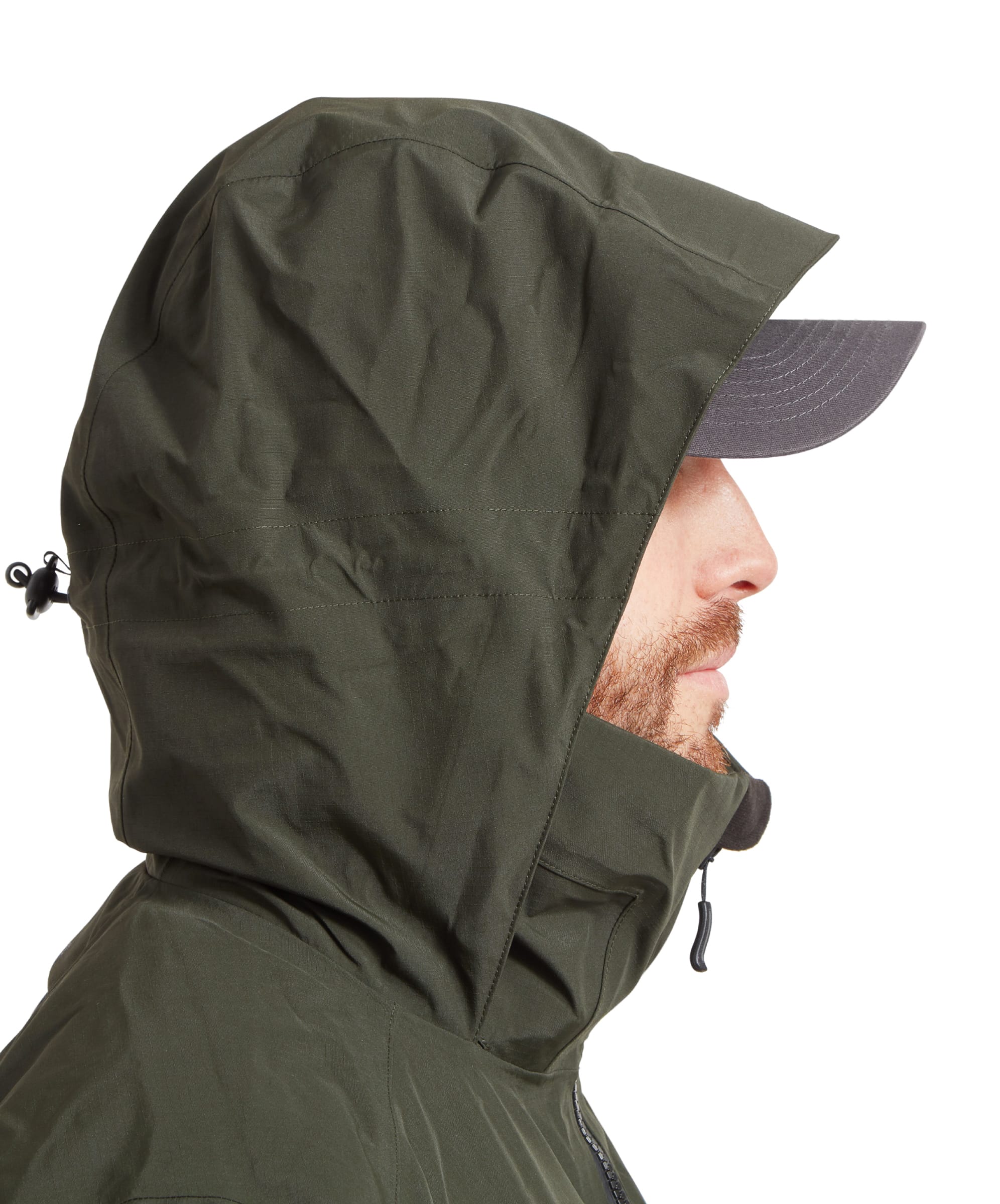 Close-up side view of the hood area on the Schöffel Salar II Wading Jacket for Men in Green highlighting the cinch stitching leading towards the back of the hood showing the adjustability. A slight peak design to the top of the hood can be seen to ensure extra coverage from the elements.