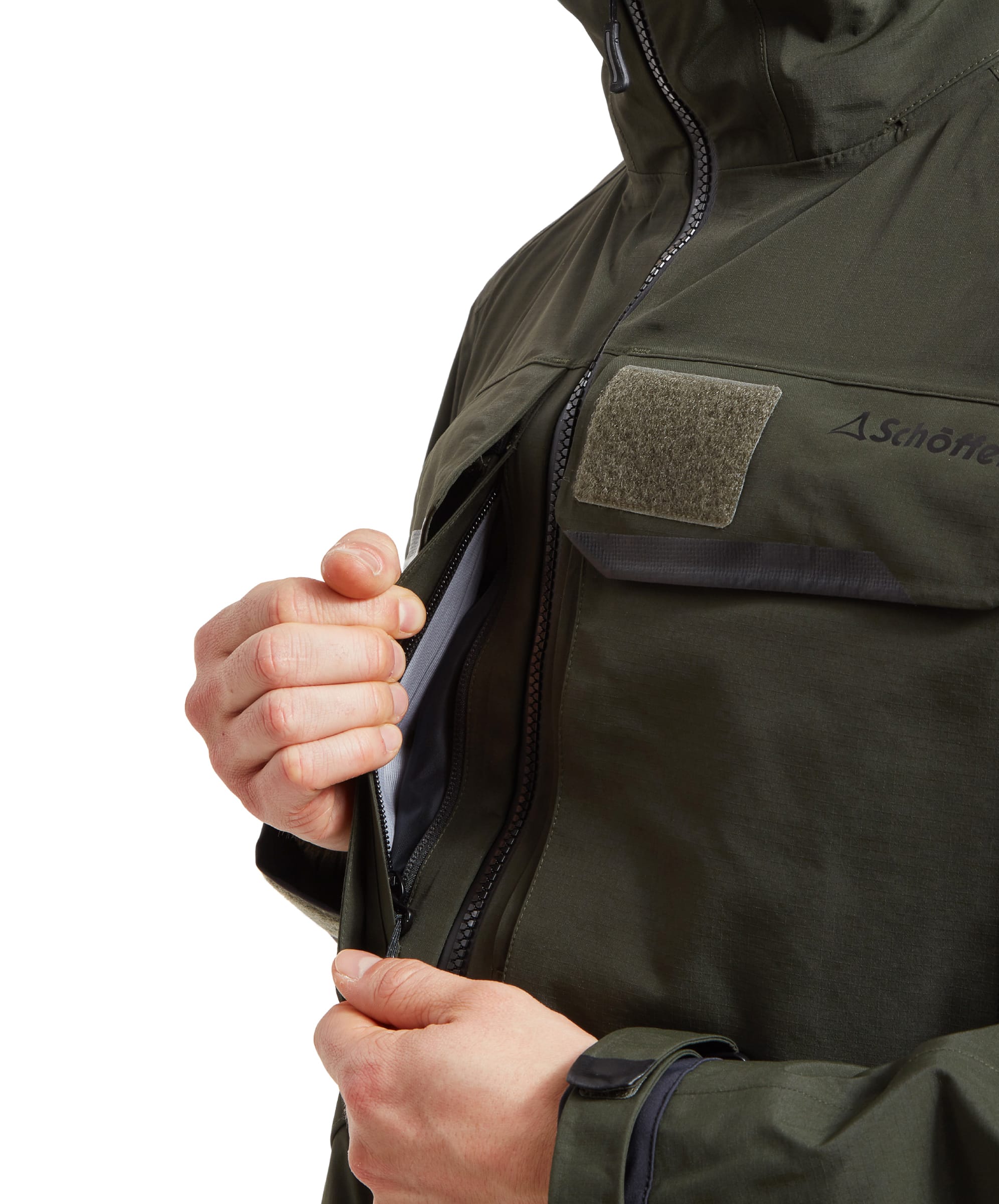 Close-up of the security pocket to the front of the Schöffel Salar II Wading Jacket for Men in Green which is complete with a fully waterproof zip.