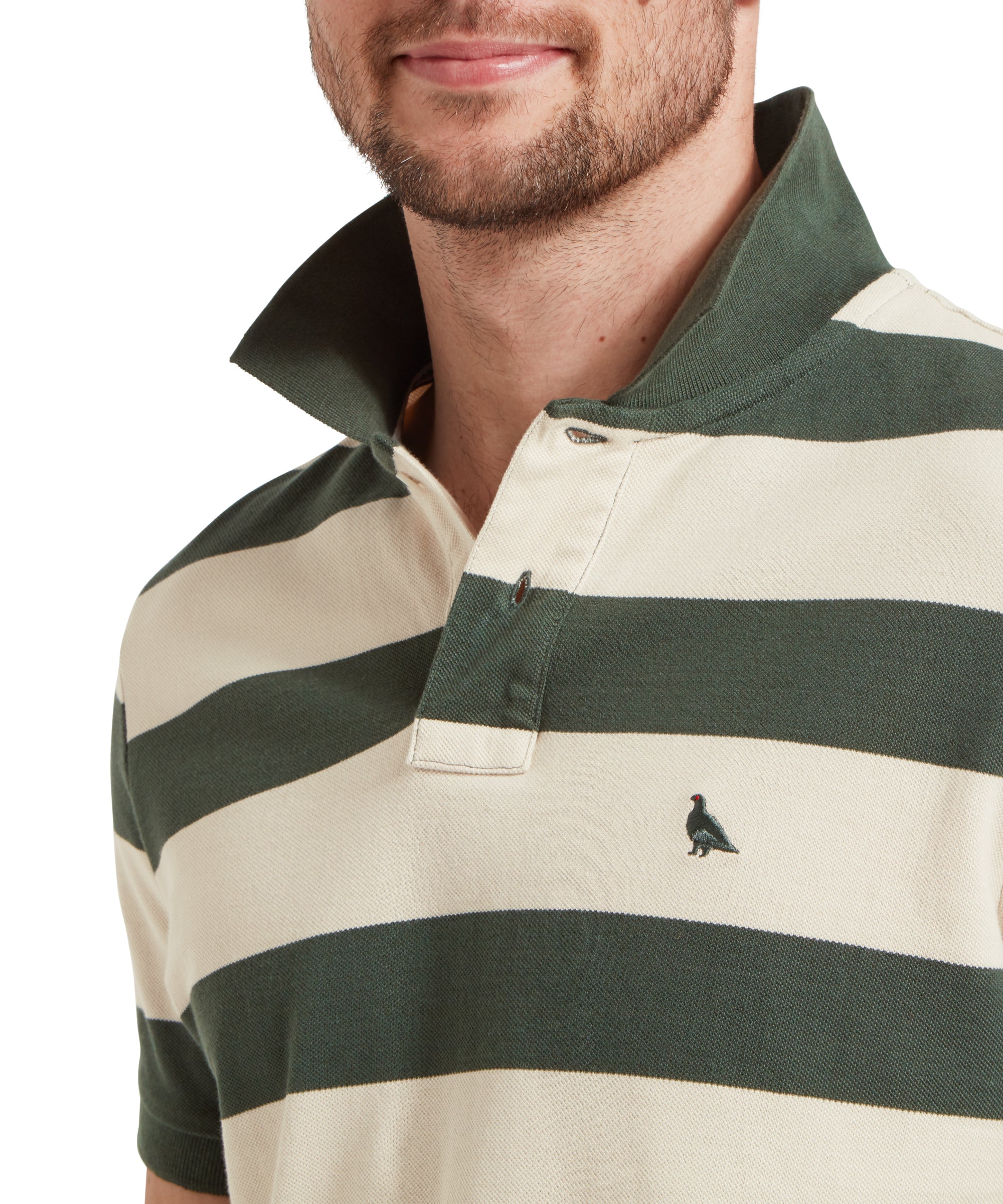 A close up image of a male model wearing a green and beige striped Schöffel polo shirt. The image highlights the collar of the polo shirt.