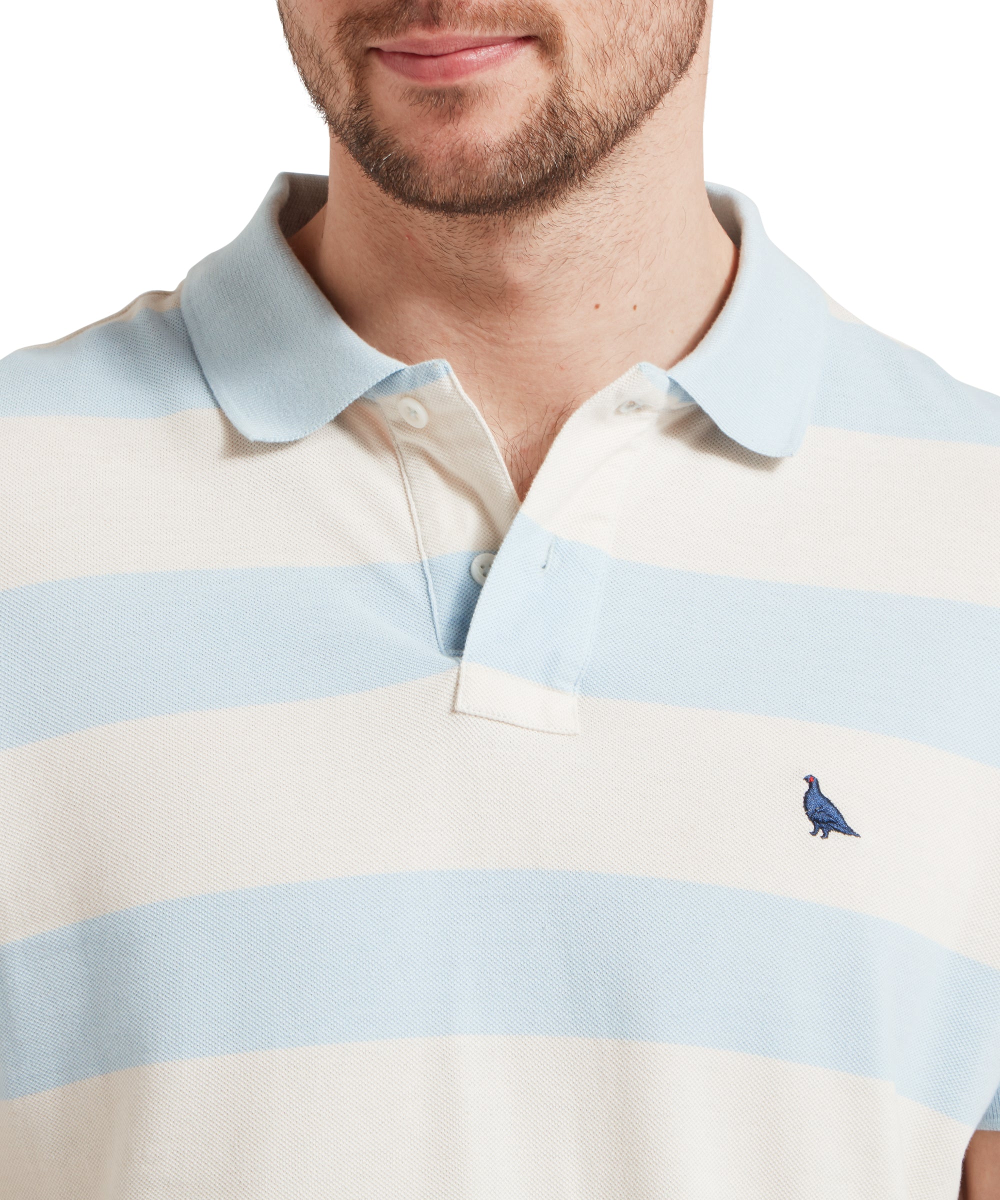 A close up image of a male model wearing a blue and beige striped Schöffel polo shirt. The image highlights the collar of the polo shirt.