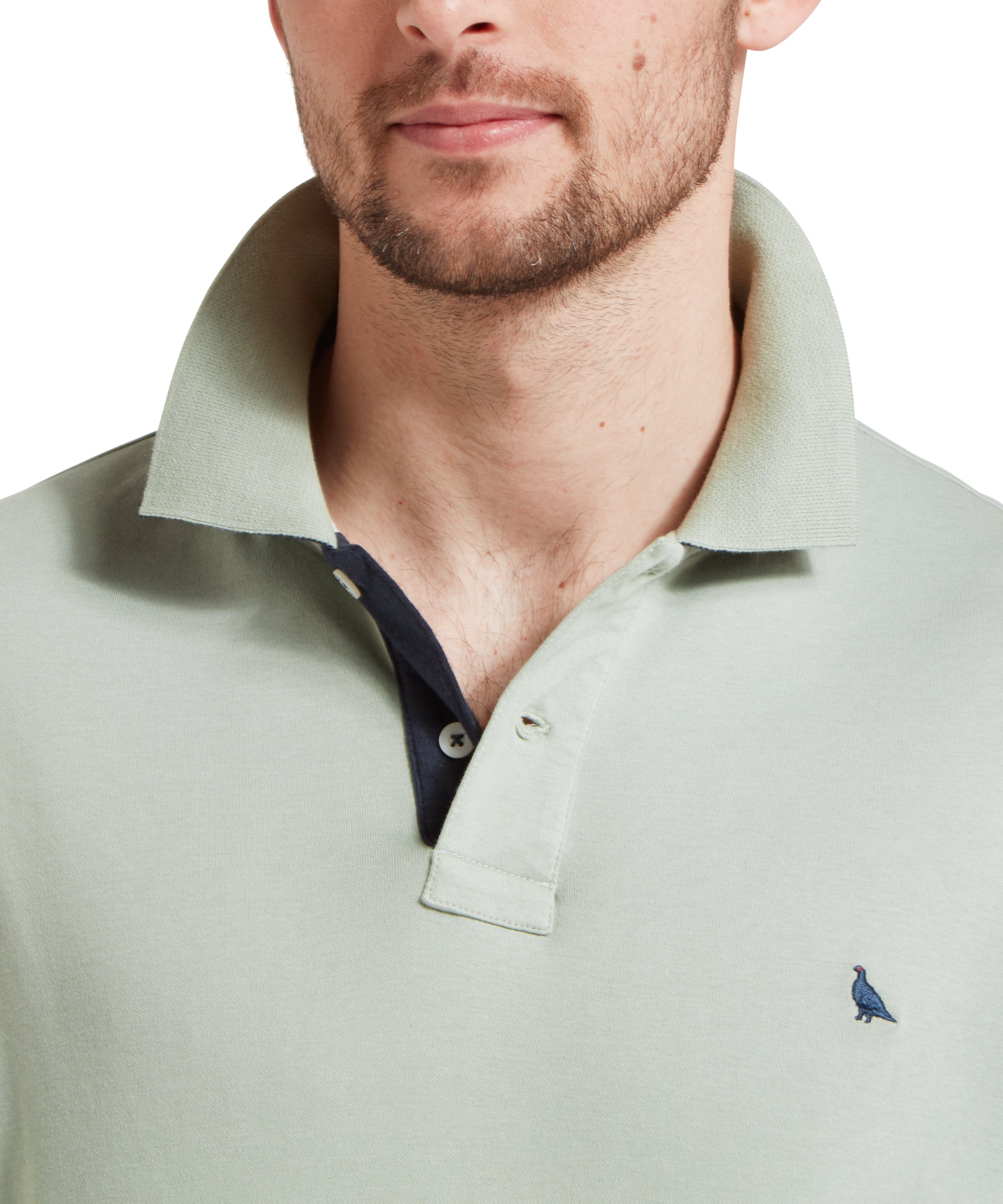 A close up image of a male model wearing a light green Schöffel t-shirt with a small embroidered bird logo on the chest. The image highlights the collar of the polo shirt that has a navy inner section and 2 buttons.