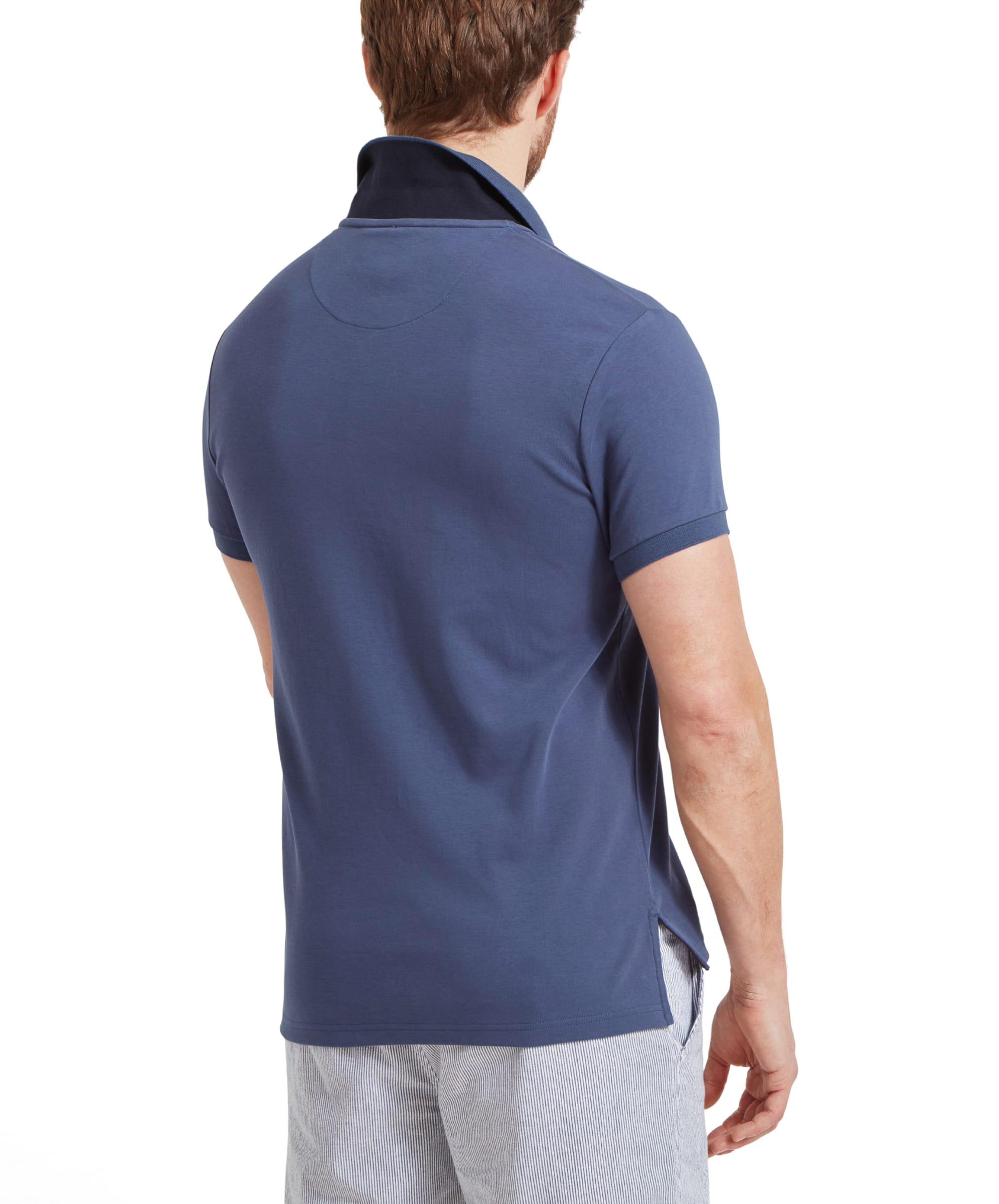 Back view of the Schöffel St Ives Jersey Polo Shirt for Men in Blue, showing the shirt's collar and fit from behind.