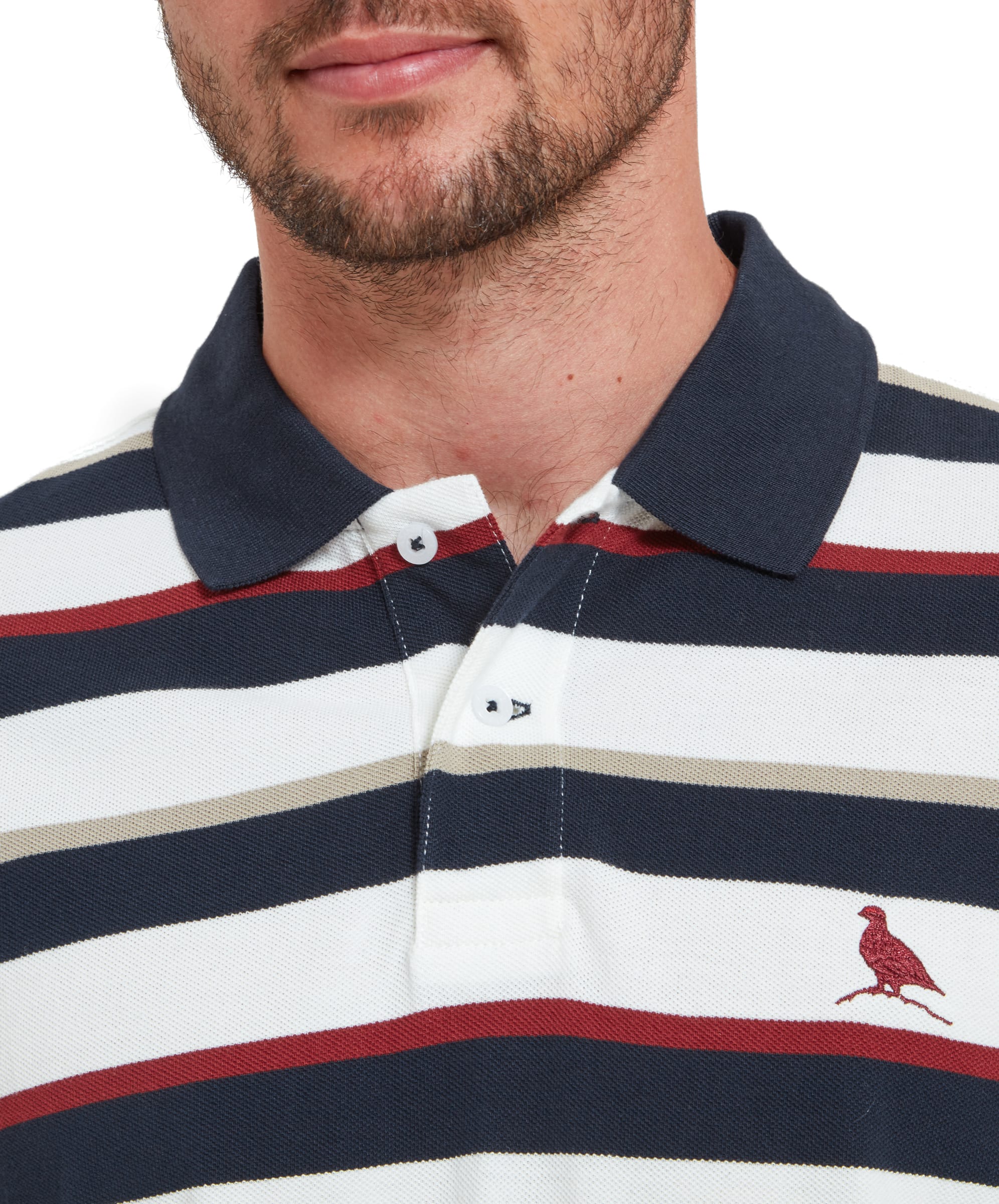 Close-up of the collar area, showcasing the button details and the embroidered bird logo in red on the left chest. The design highlights the classic and stylish nature of the Schöffel St Ives Polo Shirt for Men in Red.