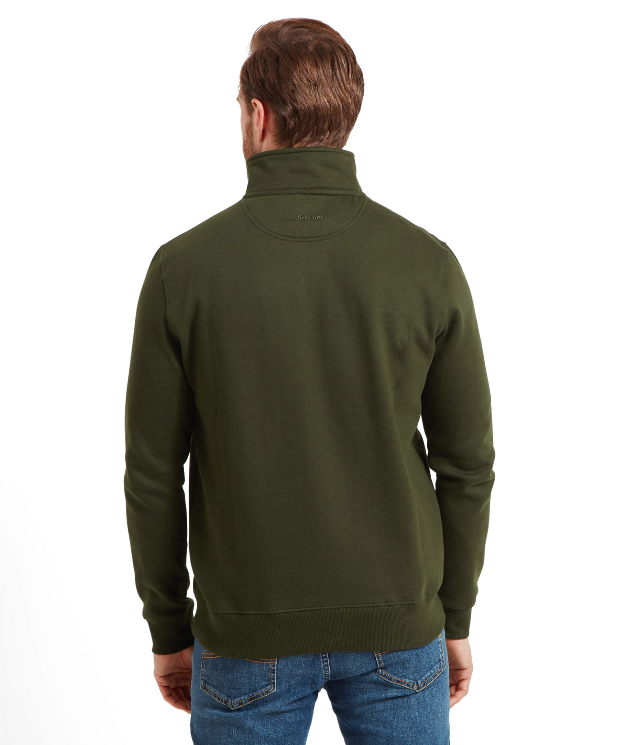 Back view of the man standing, showing the full back design of the Schöffel St Merryn Sweatshirt for Men in Dark Green.