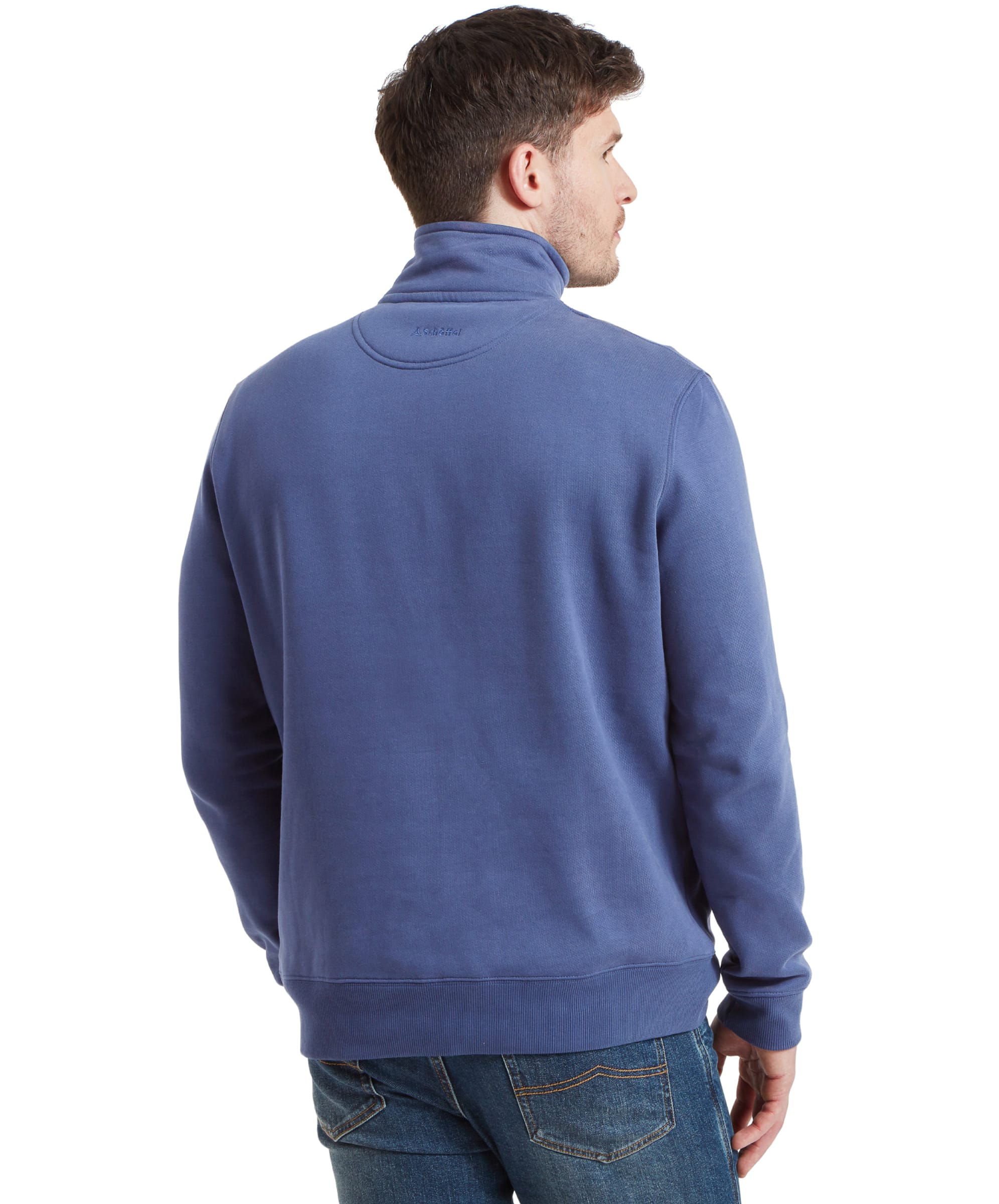 A rear view shows the back of the Schöffel St Merryn Sweatshirt for Men in Light Blue, emphasizing its simplicity and clean lines.