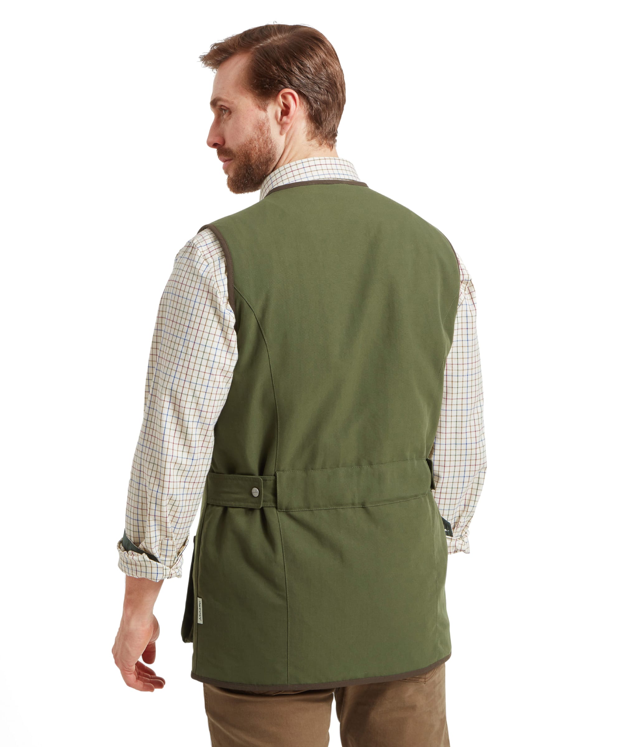 Back view of the Schöffel Stamford Vest II for Men in Green highlighted the waist adjustment straps.