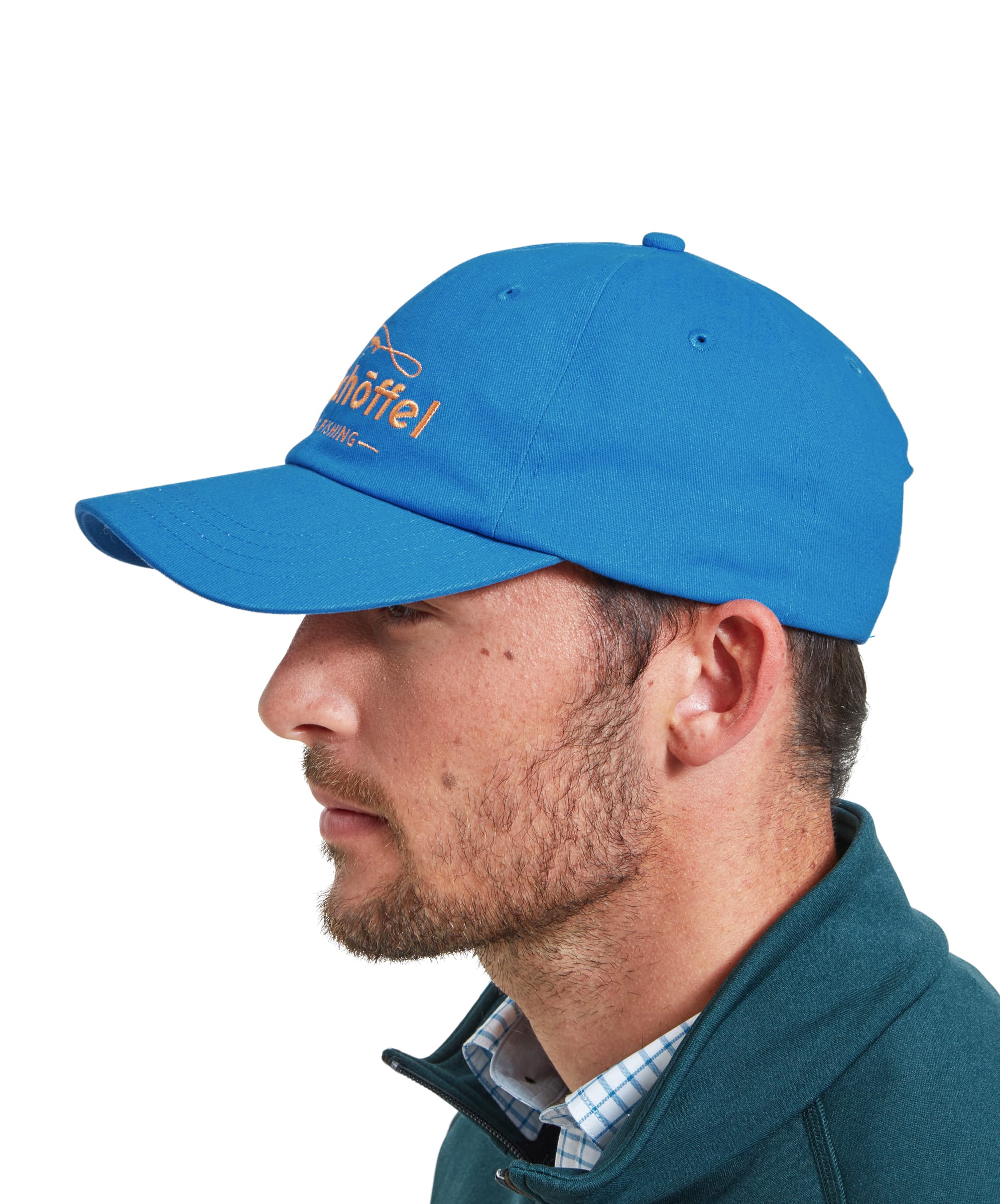 Side view of the Schöffel Tamar Fly Fishing Cap for Men in Blue highlighting the shape and details.