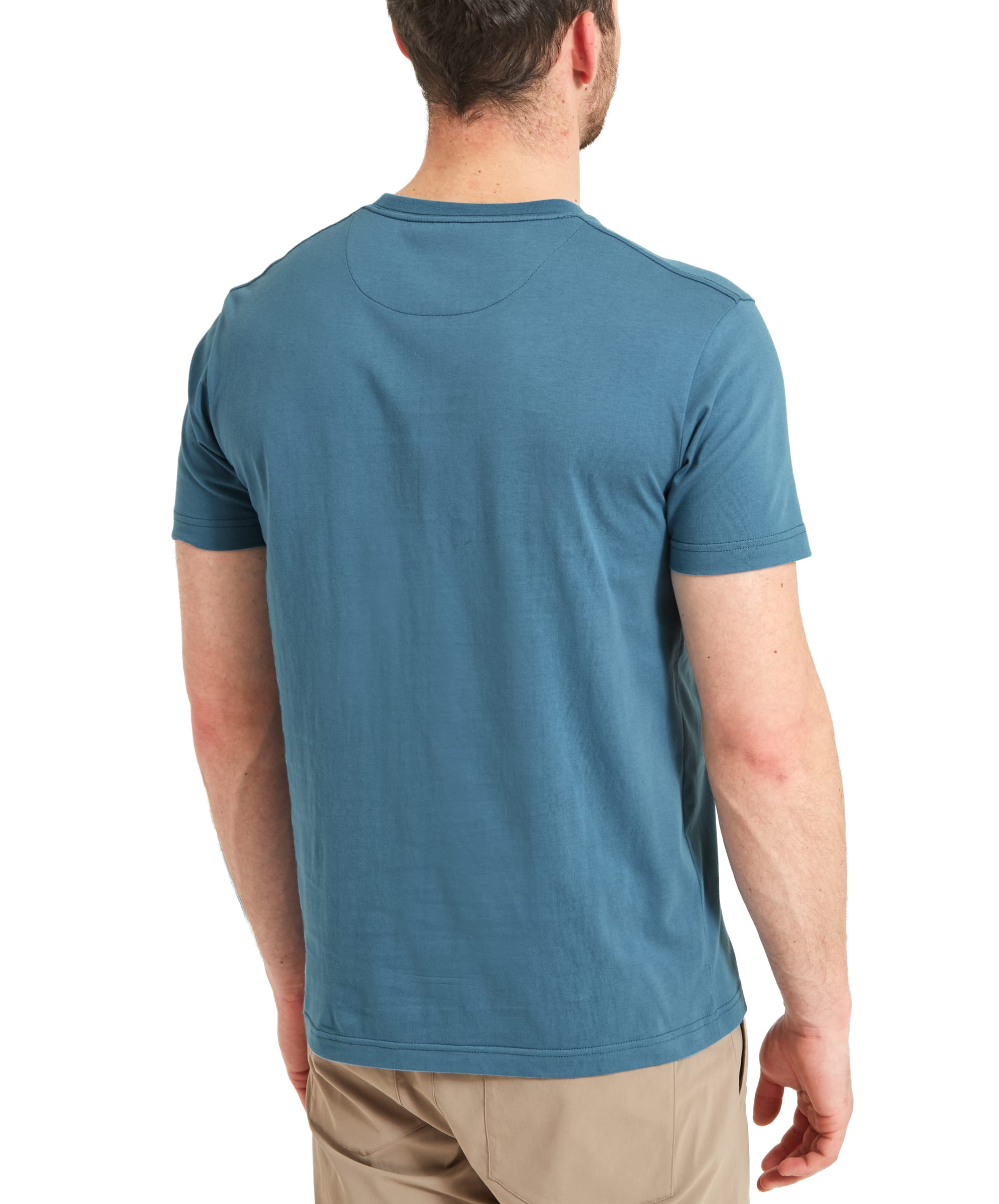 The back view of the Schöffel Tyne T-Shirt for Men in Blue, showing its simple design without any logos or text. The man is standing with his back towards the camera.