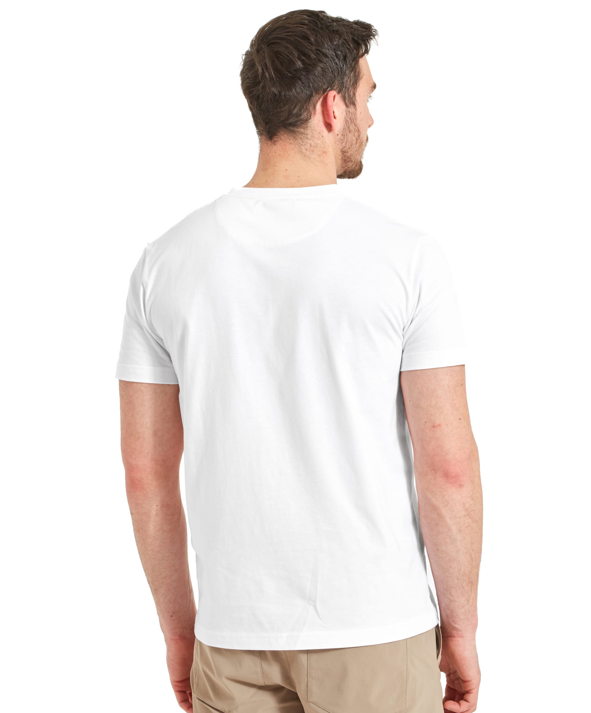 This rear view shows the man wearing the same Schöffel Tyne T-Shirt for Men in White t-shirt and beige trousers. The shirt fits comfortably, with the back plain and without graphics. The model's posture is relaxed, giving a complete view of the t-shirt's fit and design from the back.