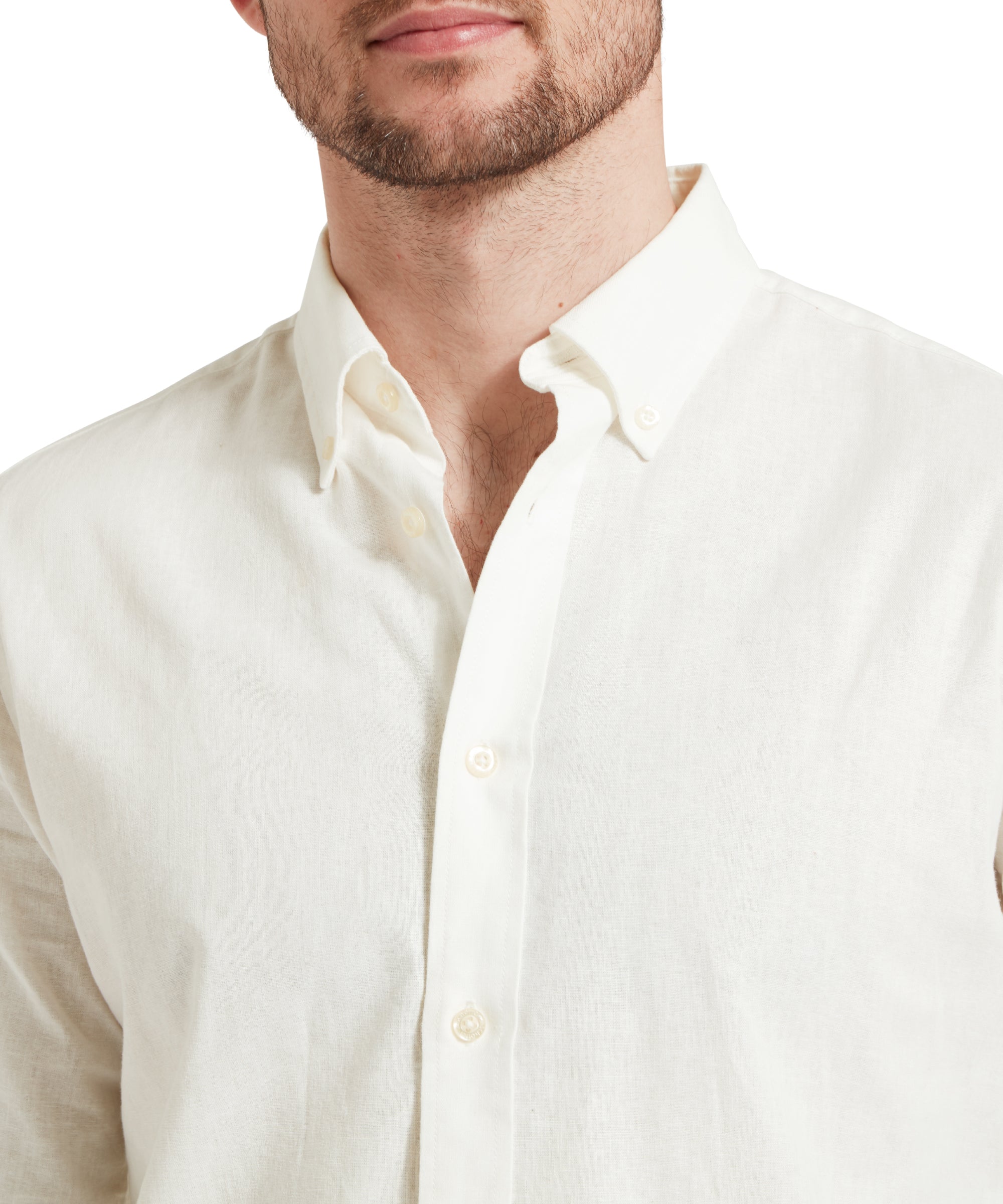 Close up of a male model wearing a white Schöffel shirt. The image highlights the collar and fabric.