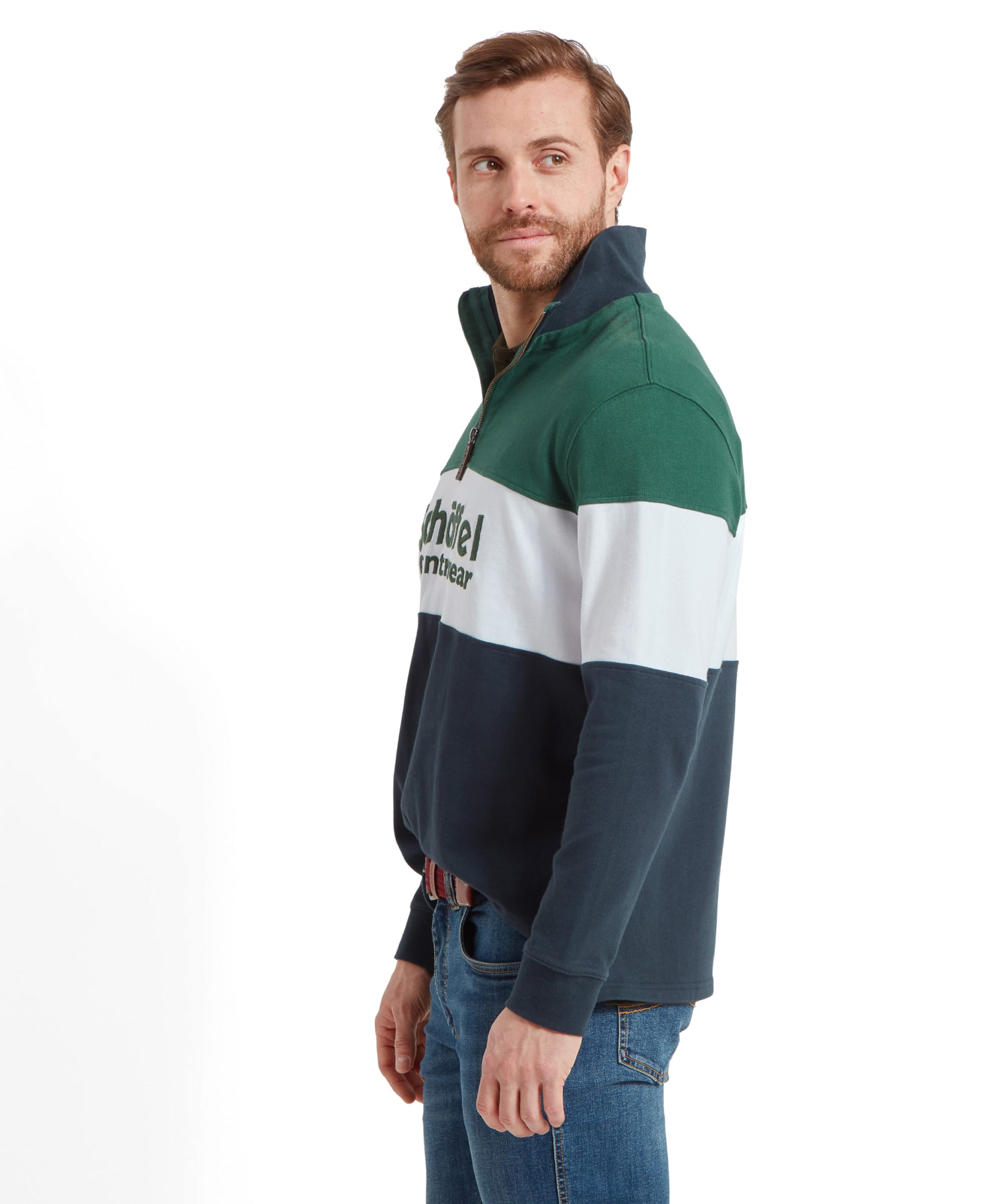 Side profile of a man wearing the Schöffel Exeter Heritage 1/4 Zip for Unisex in Navy, showing the fit and design from the side.