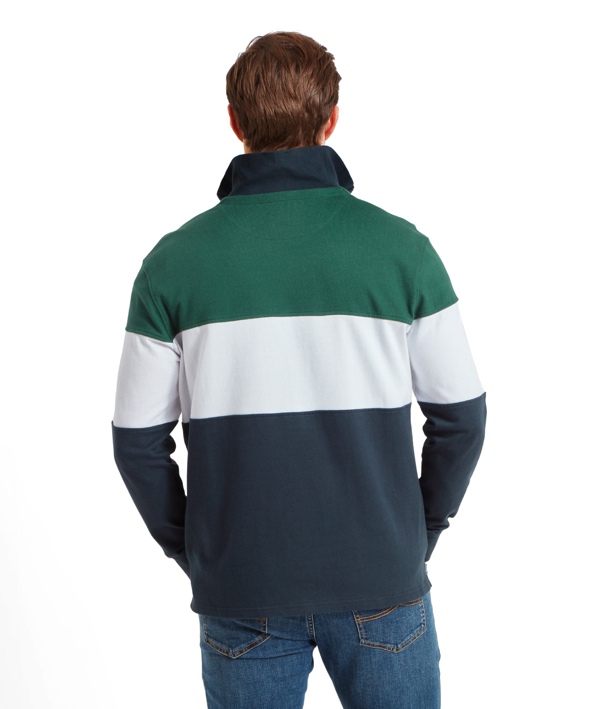 Back view of the Schöffel Exeter Heritage 1/4 Zip for Unisex in Navy, displaying the color block pattern in green, white, and navy.