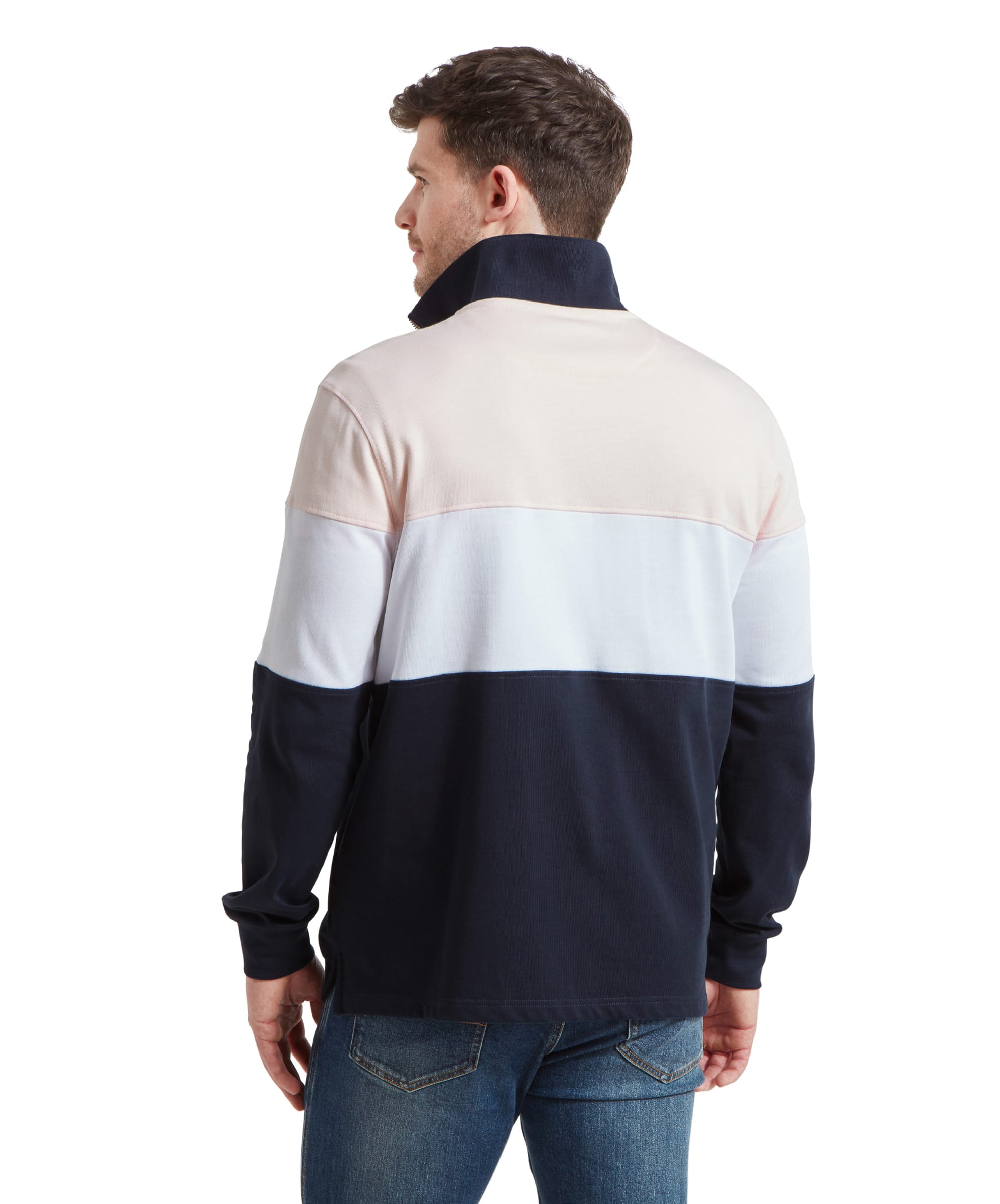 Rear view of the man, showing the back design of the Schöffel Exeter Heritage 1/4 Zip for Unisex in Pale Pink.