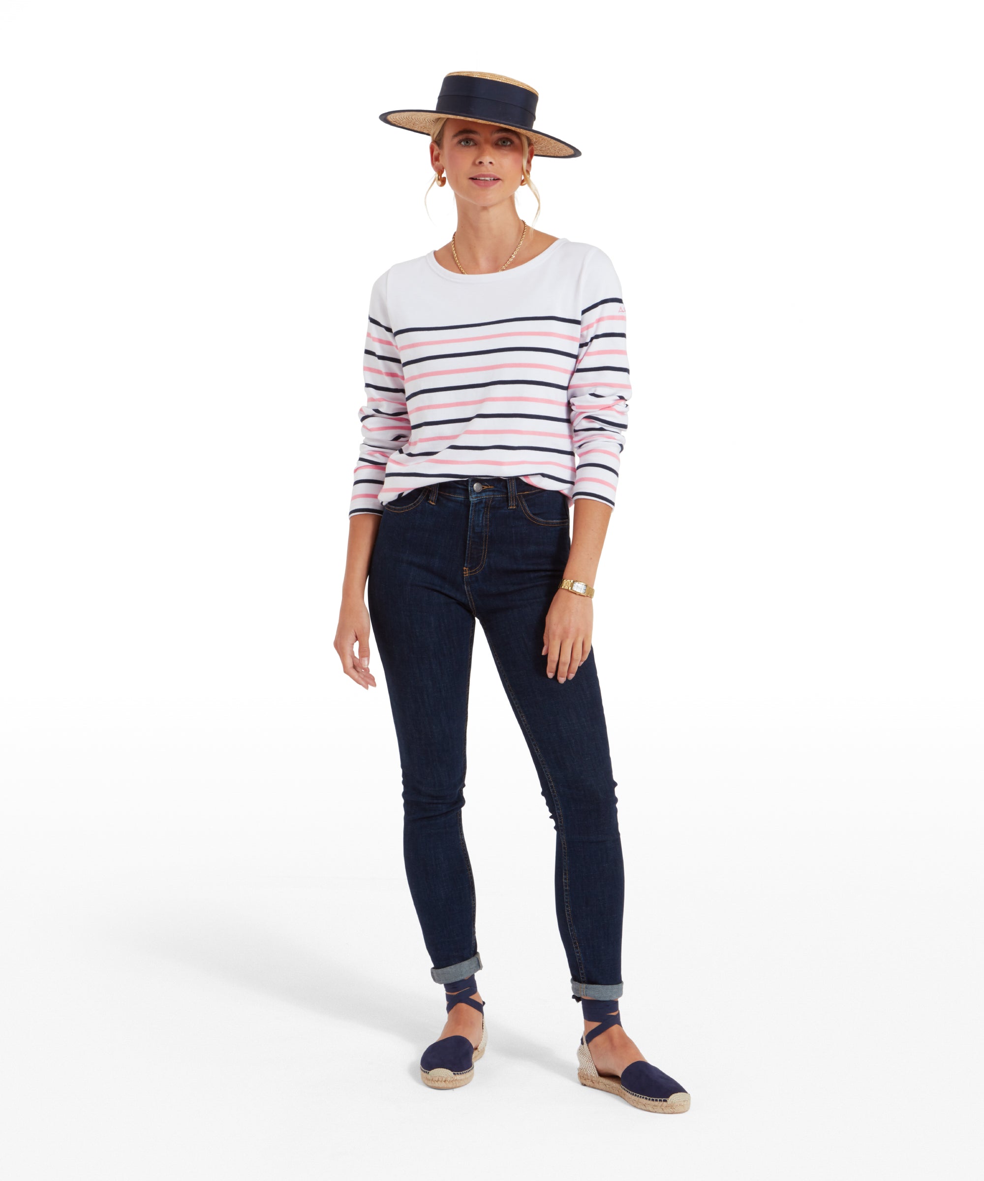 Beauport Top - White/Navy/Flamingo Stripe