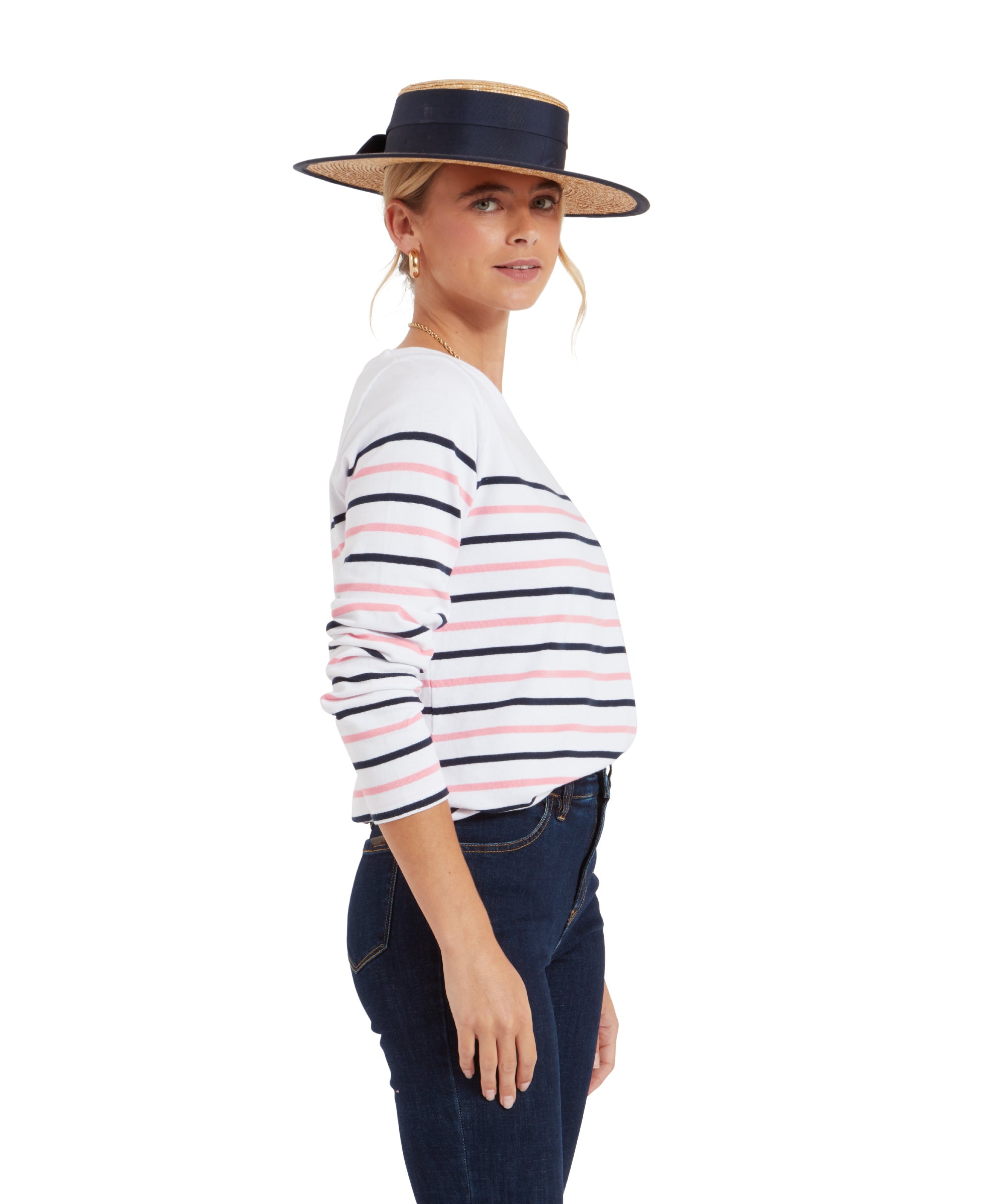 Beauport Top - White/Navy/Flamingo Stripe