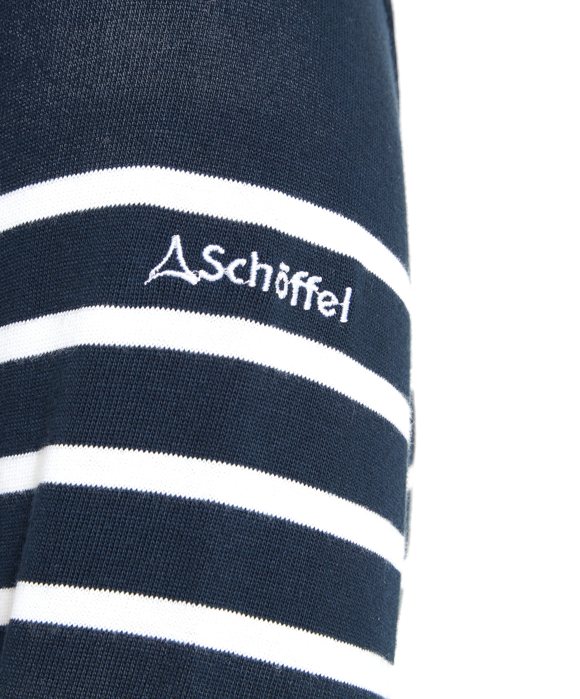 Close-up of the sleeve of a Schöffel Beauport Top for Women in Navy with Schöffel logo.