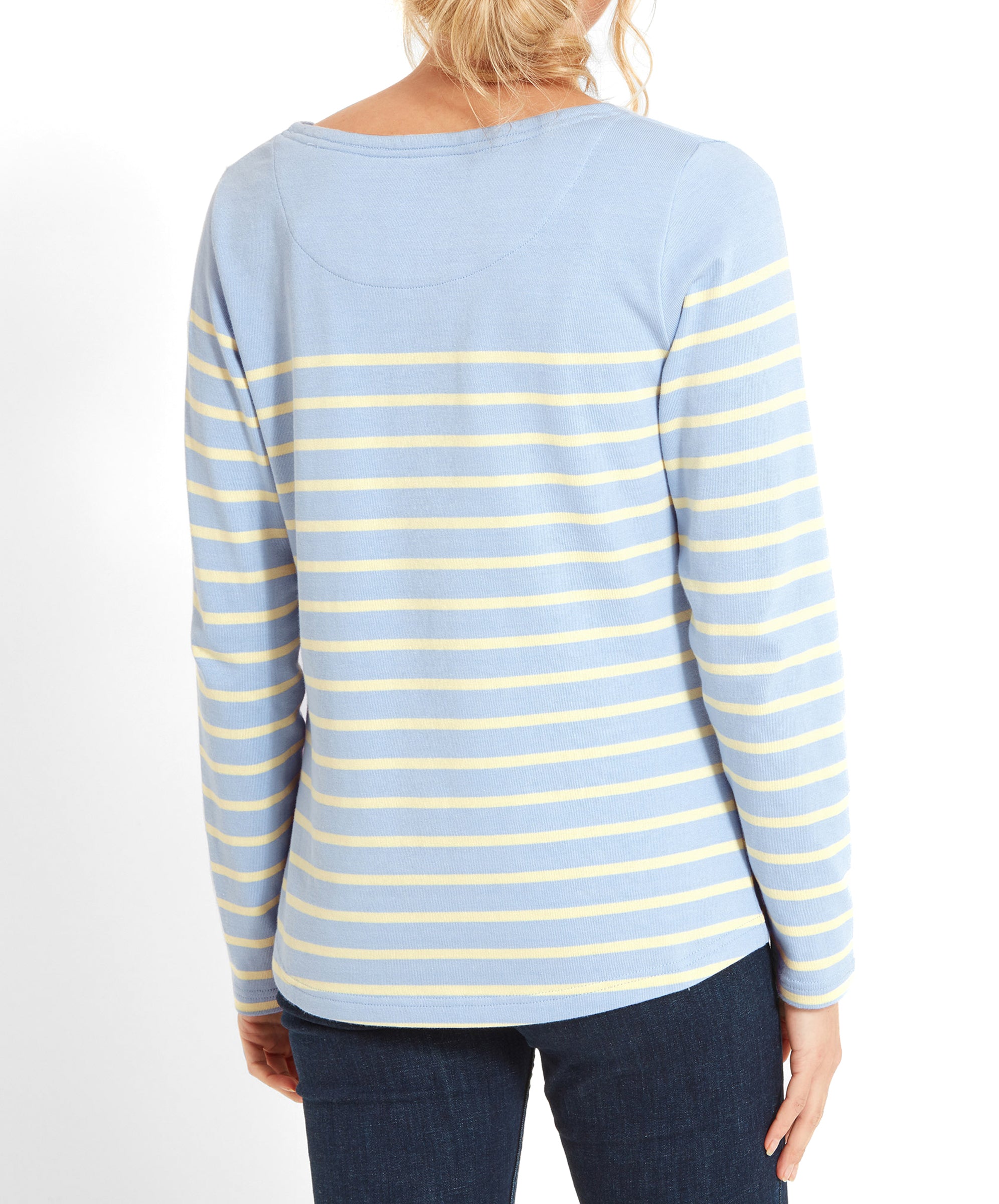 Back view of a Schöffel Beauport Top for Women in Yellow, paired with dark blue jeans.