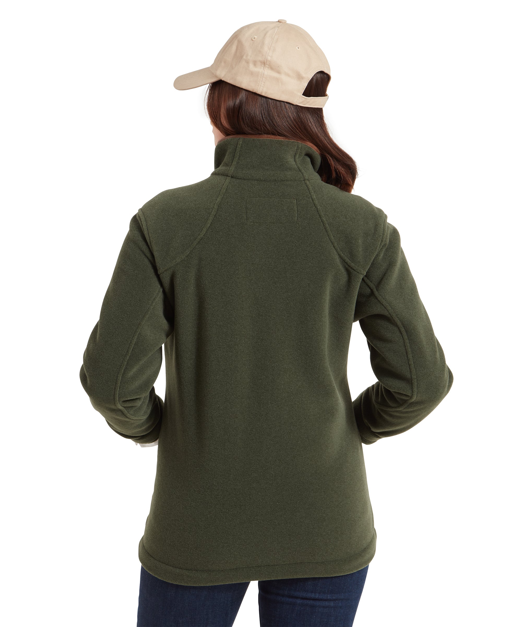 The back view of the Schöffel Burley Fleece Jacket for Women in Green, showing its length and fit. The woman is also wearing the beige cap, and her hair is tucked underneath it.