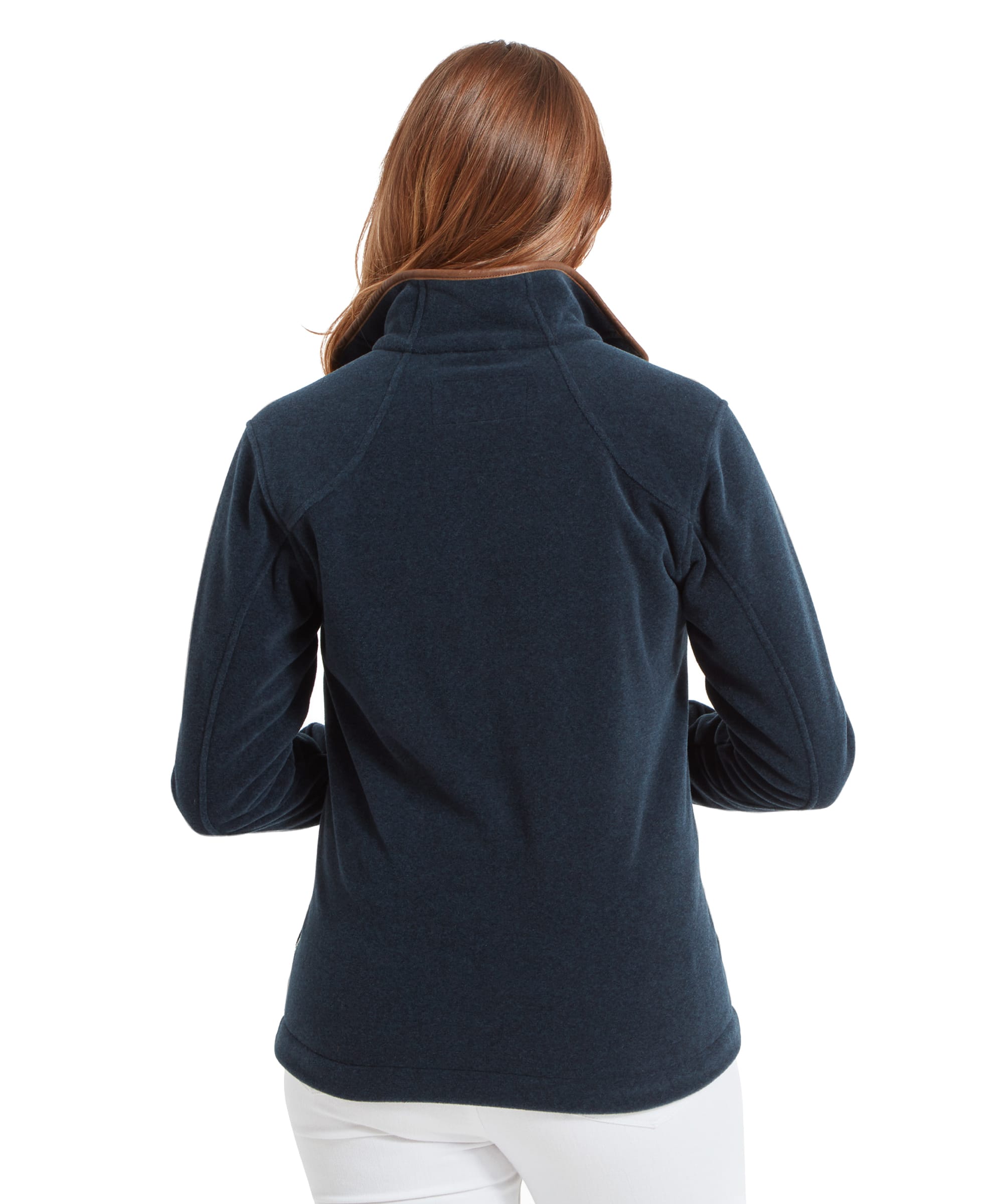 Back view of the Schöffel Burley Fleece Jacket for Women in Blue, highlighting the jacket’s fitted style and high collar, with the woman’s long hair visible.