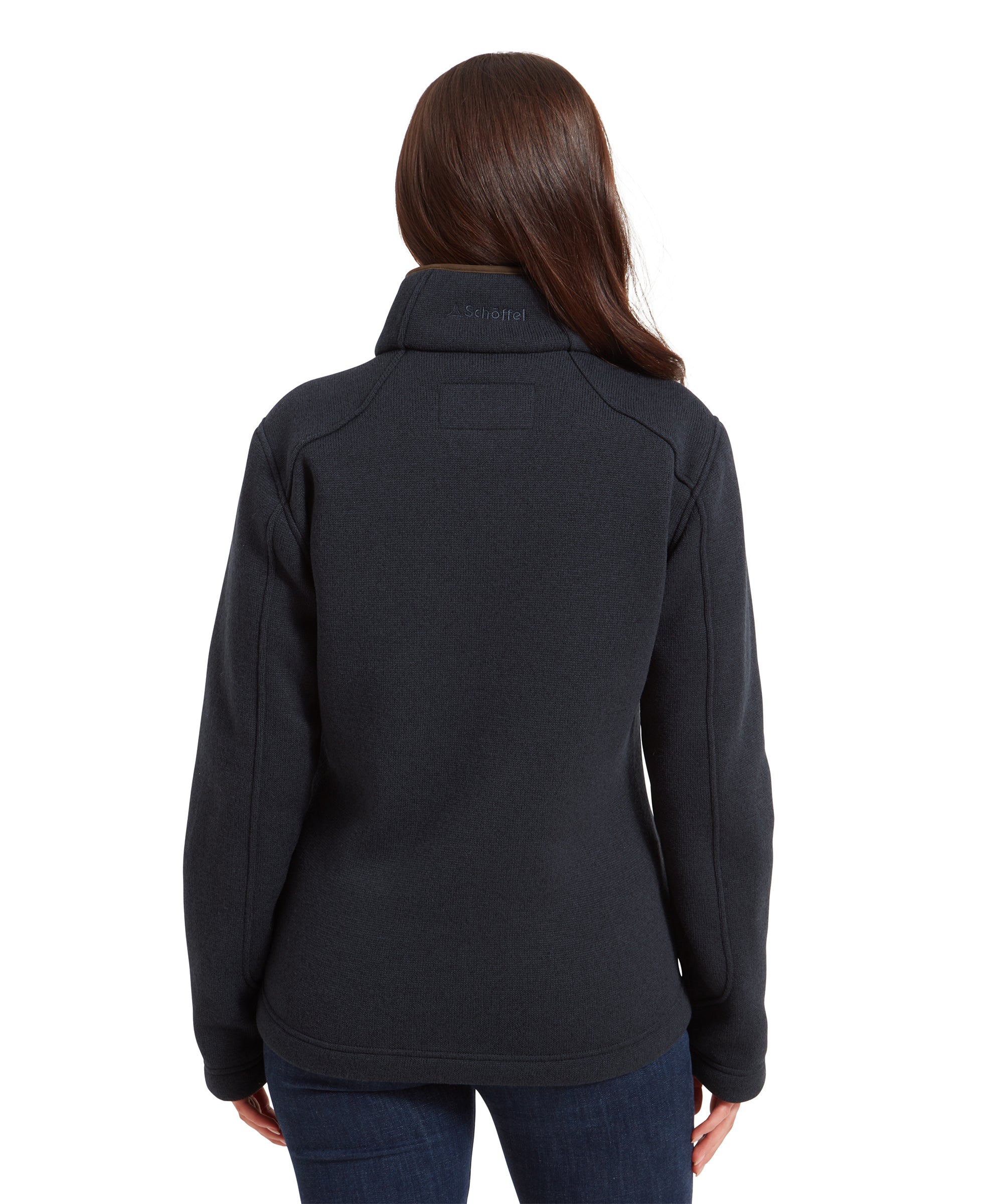 Rear view of a woman wearing a Schöffel Burley Hybrid Jacket for Women in Blue, showing the back details of the jacket.