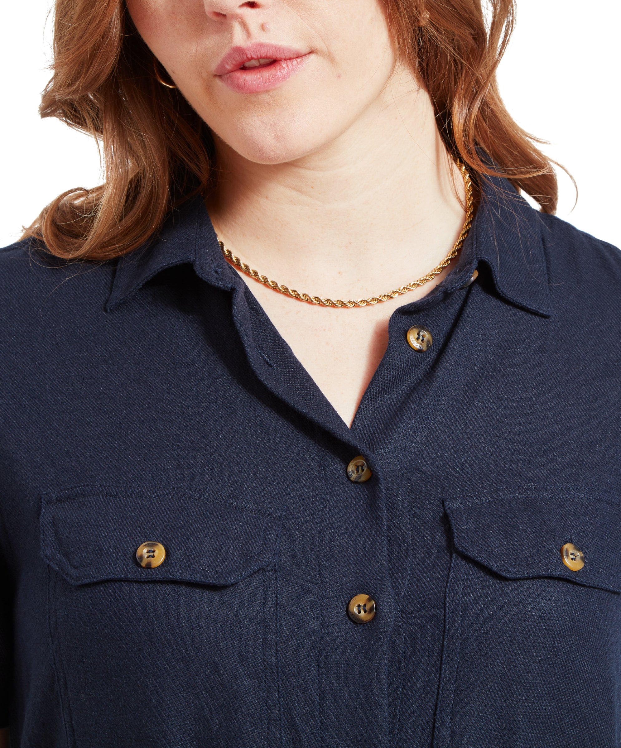 Close-up of the collar and chest pocket details on Schöffel Daisy Linen Dress for Women in Navy, showing button and fabric texture.