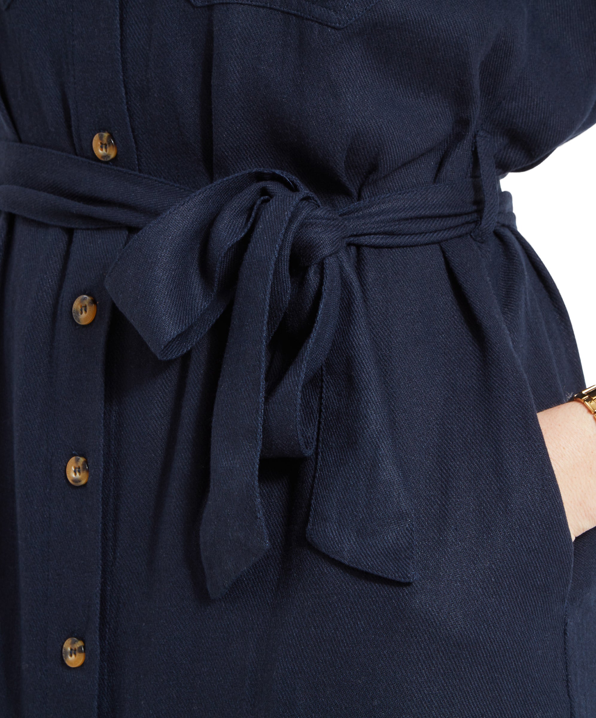 Close-up image of the waist tie detail on Schöffel Daisy Linen Dress for Women in Navy, showing the belt tied in a neat bow with visible buttons.