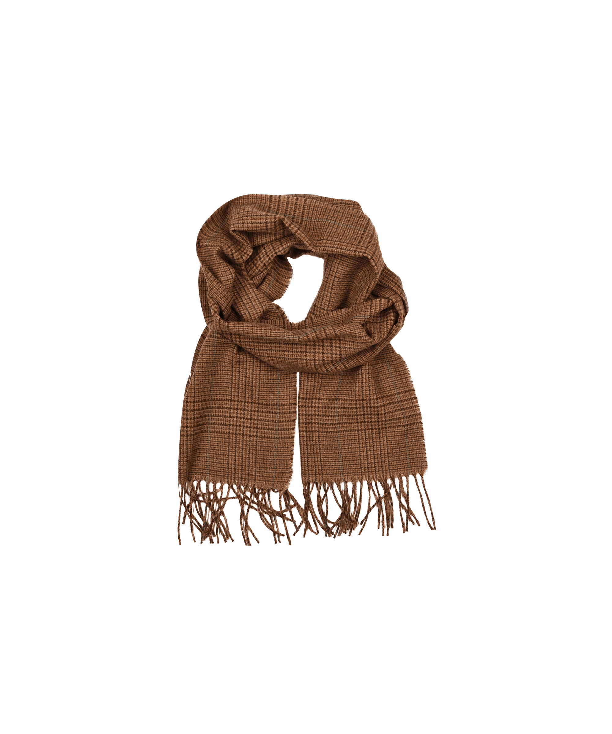 A Schöffel Edith Scarf for Women in Brown with fringed edges, neatly folded with a soft, textured appearance. The scarf has a classic pattern, perfect for adding a touch of warmth and style to an outfit.