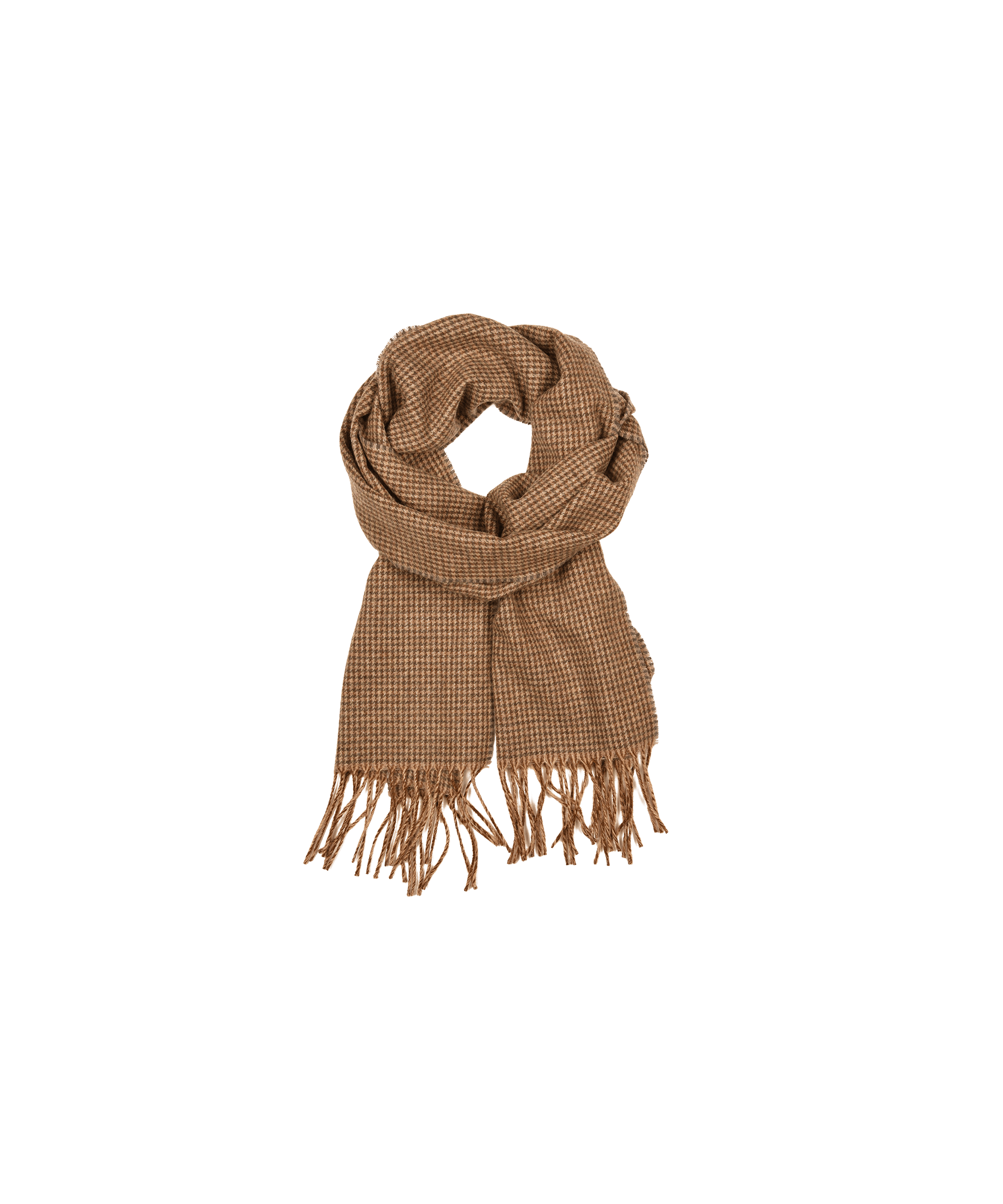 A Schöffel Edith Scarf for Women in Light Brown with fringed edges, neatly folded with a soft, textured appearance. The scarf has a classic pattern, perfect for adding a touch of warmth and style to an outfit.