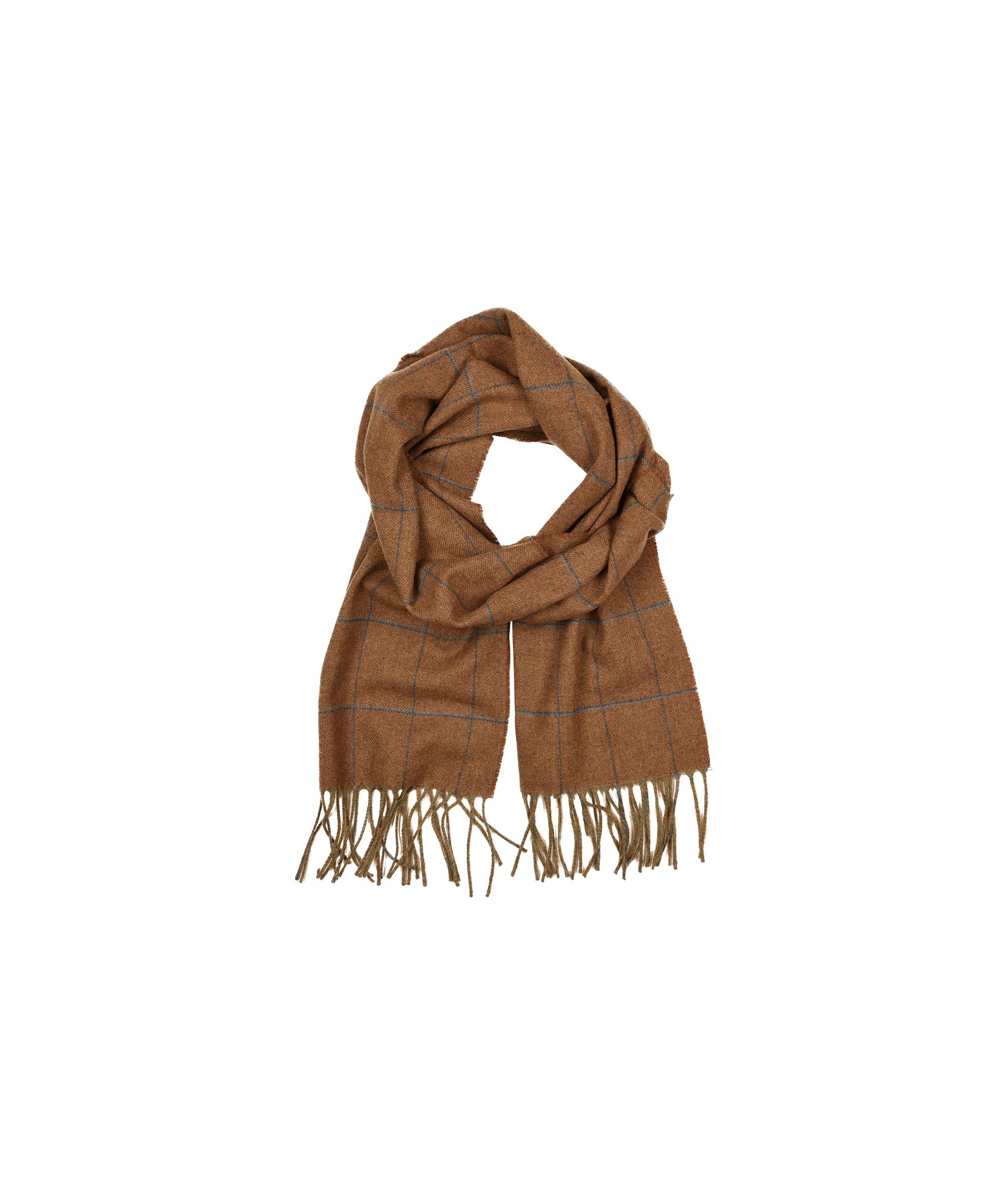 A Schöffel Edith Scarf for Women in Tan with fringed edges, neatly folded with a soft, textured appearance. The scarf has a classic pattern, perfect for adding a touch of warmth and style to an outfit.