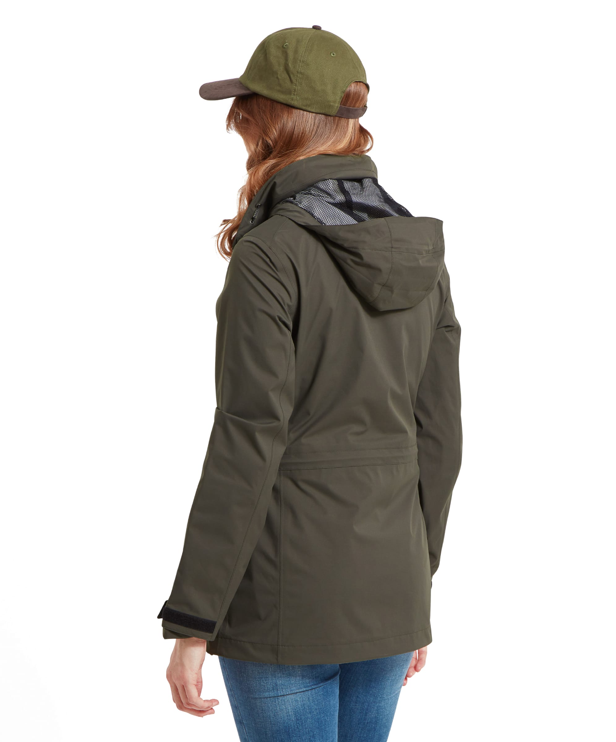 Back view of a woman wearing an Schöffel Edith Jacket for Women in Green. The jacket features a subtle, functional design with a hood that blends into the collar.