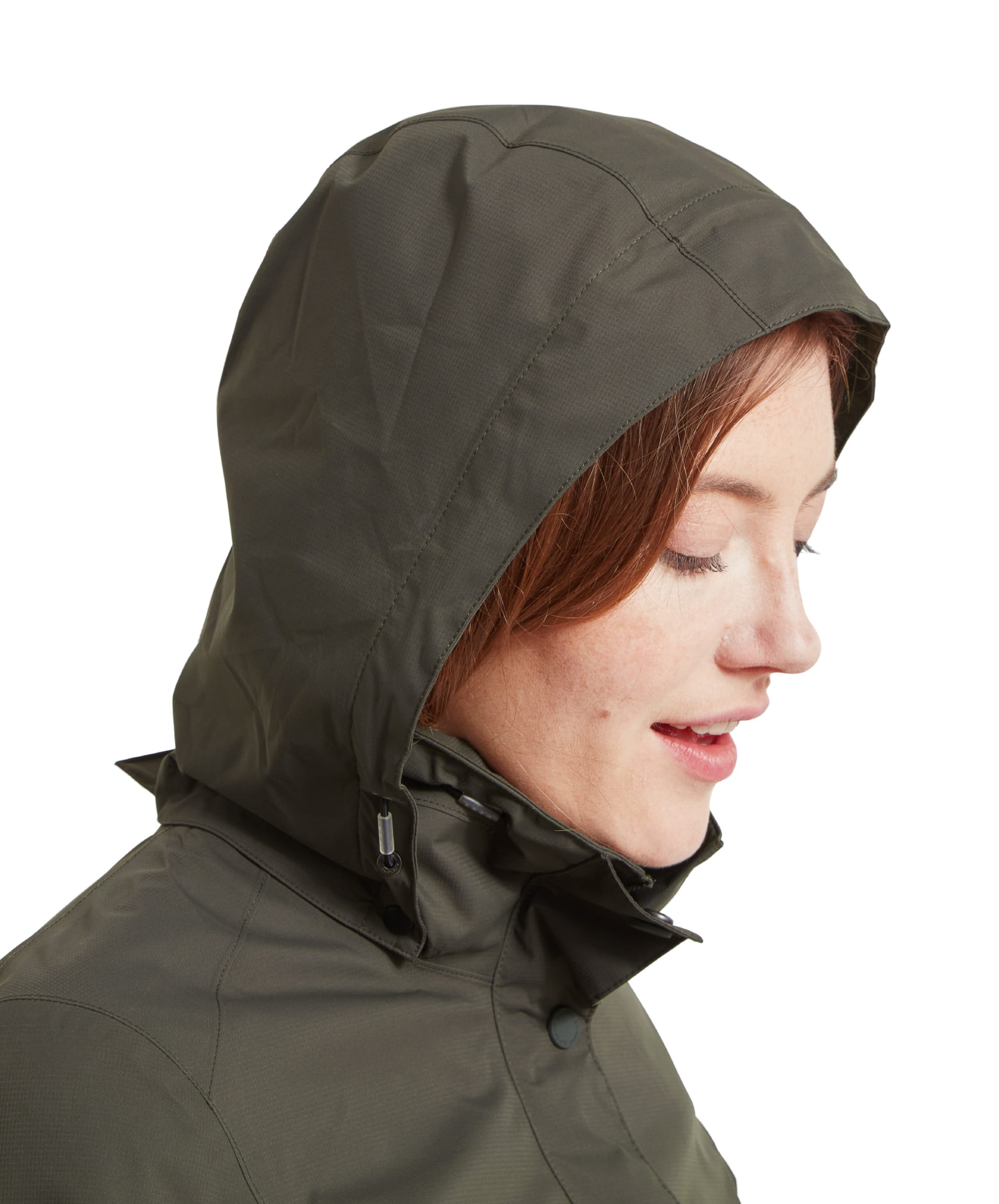 Close-up side profile of the Schöffel Edith Jacket for Women in Green, focusing on the woman wearing the jacket with the hood up.