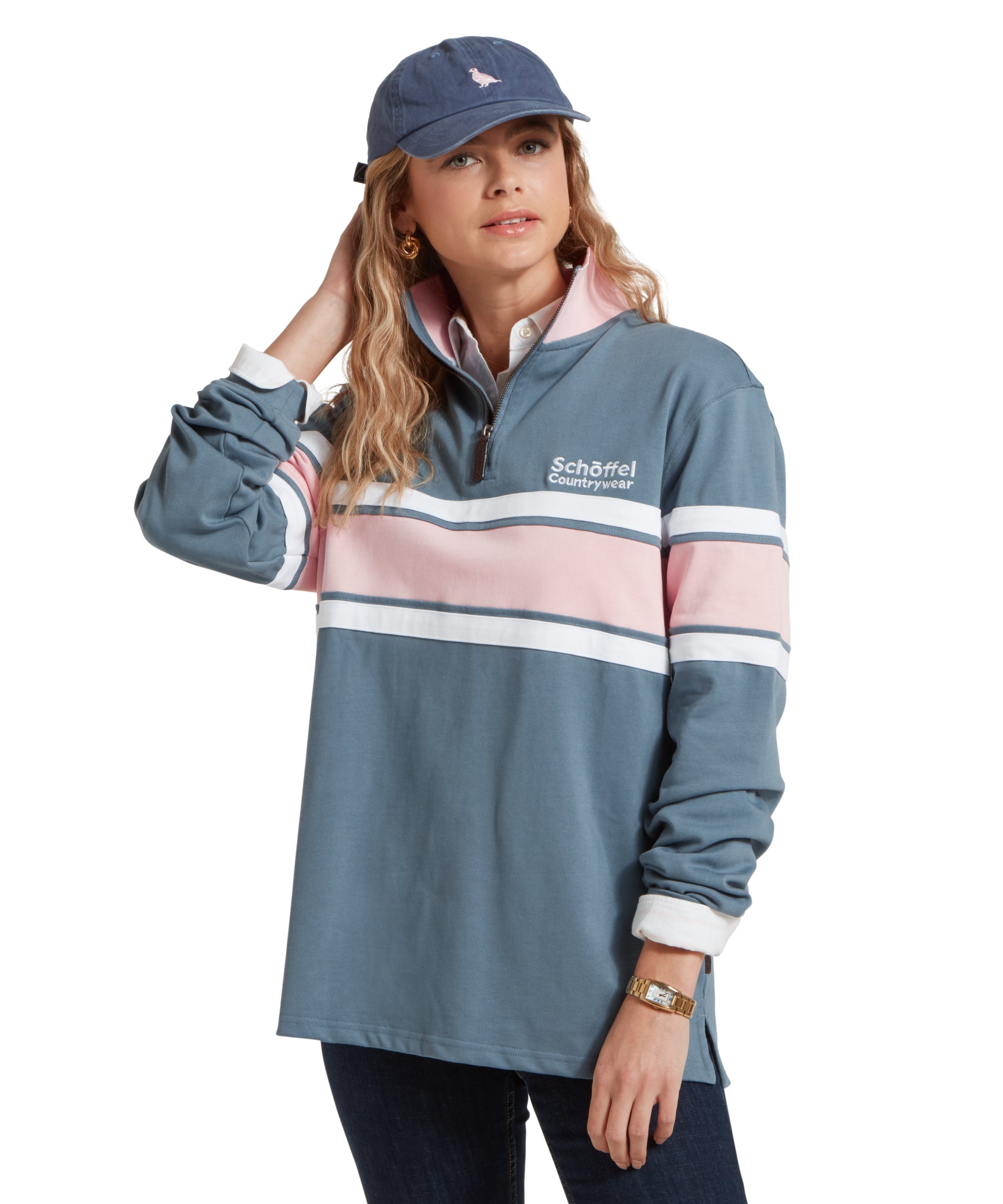 Women's Exmouth Heritage Quarter Zip - Dark Pigeon Blue/Chalky Coral