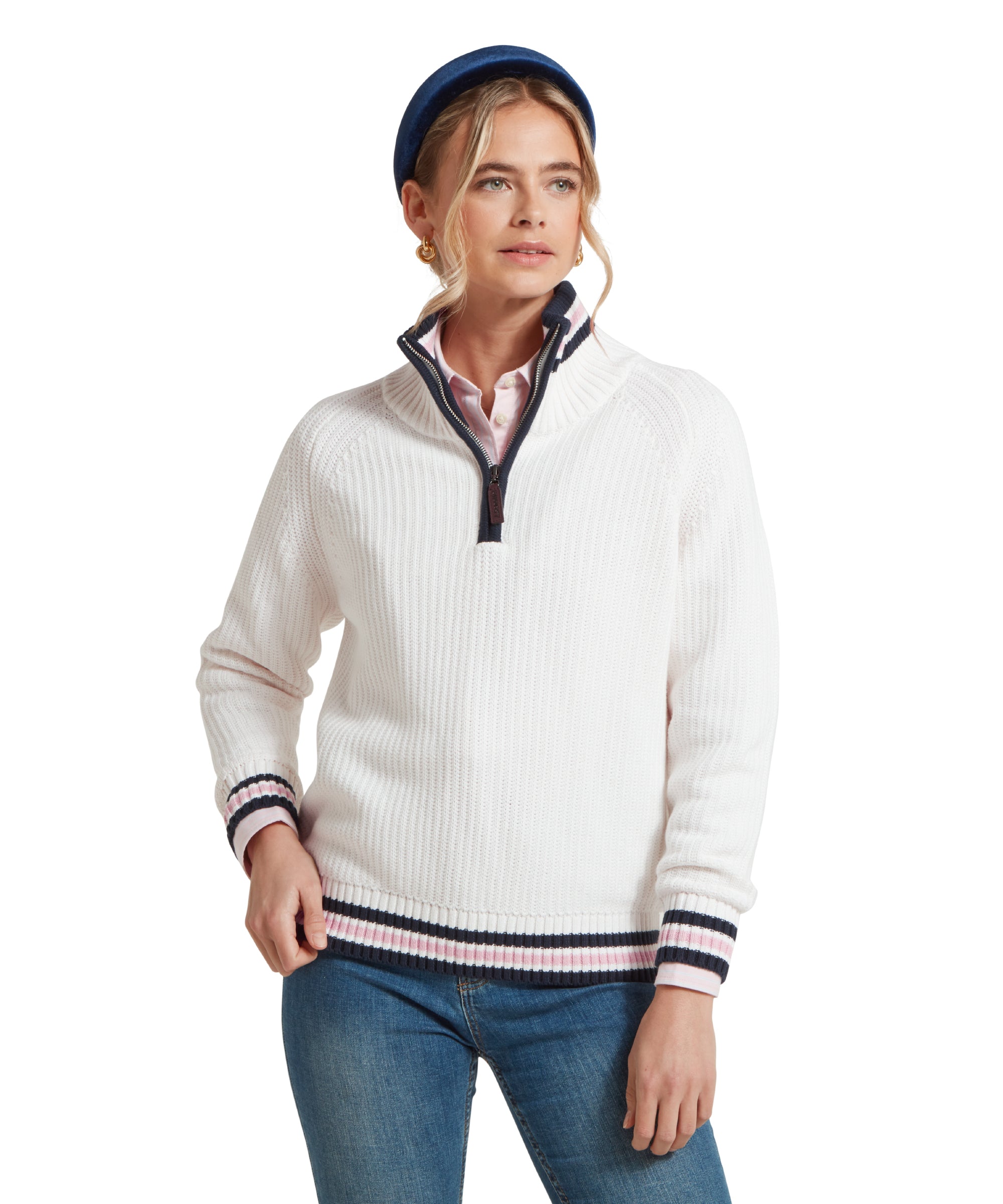 Havelet Bay Quarter Zip Jumper - Soft White/Blush