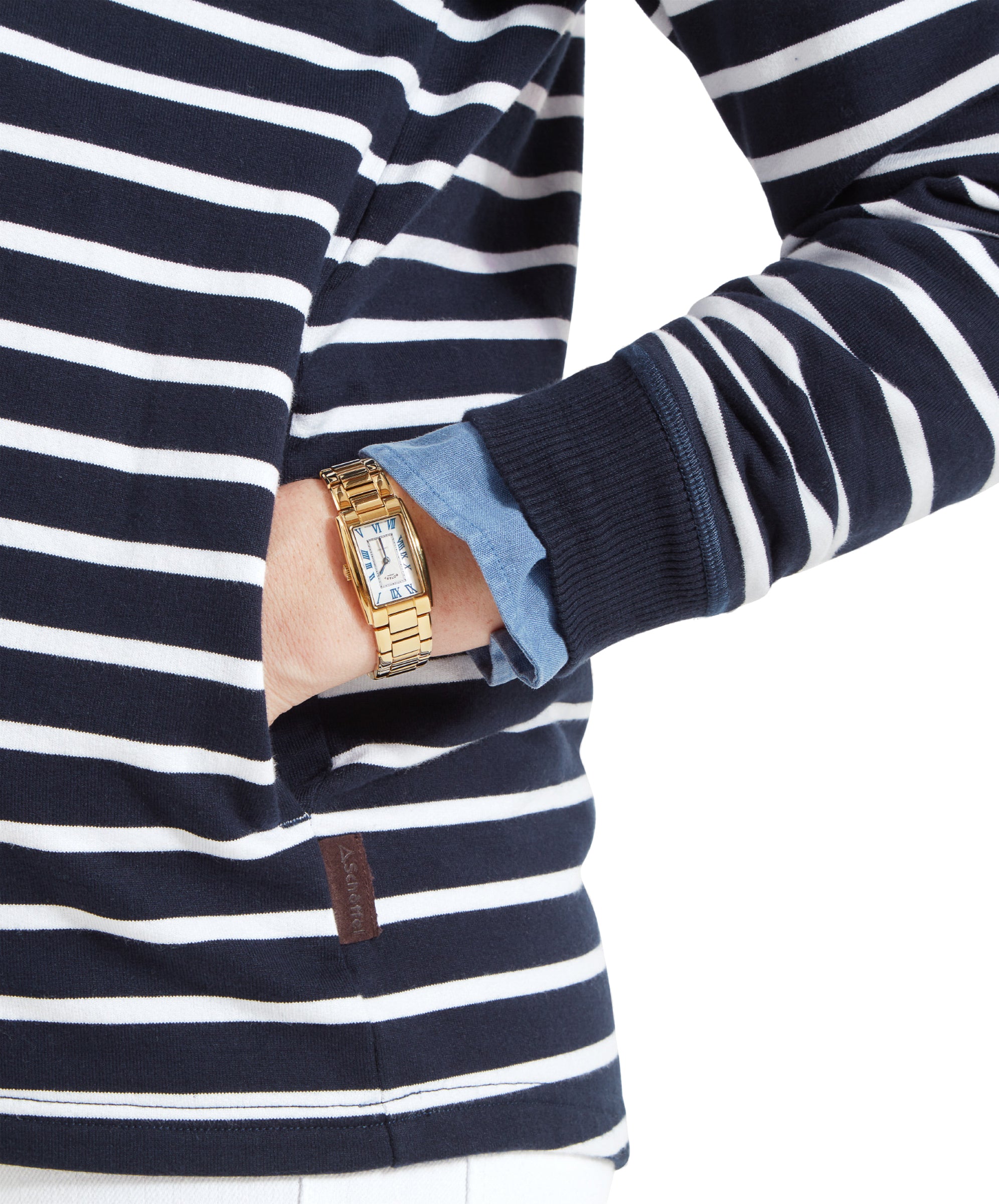 Detailed shot of the Schöffel Hope Cove Sweatshirt for Women in Navy, showing the sleeve and a hand in the pocket, accessorised with a gold watch.