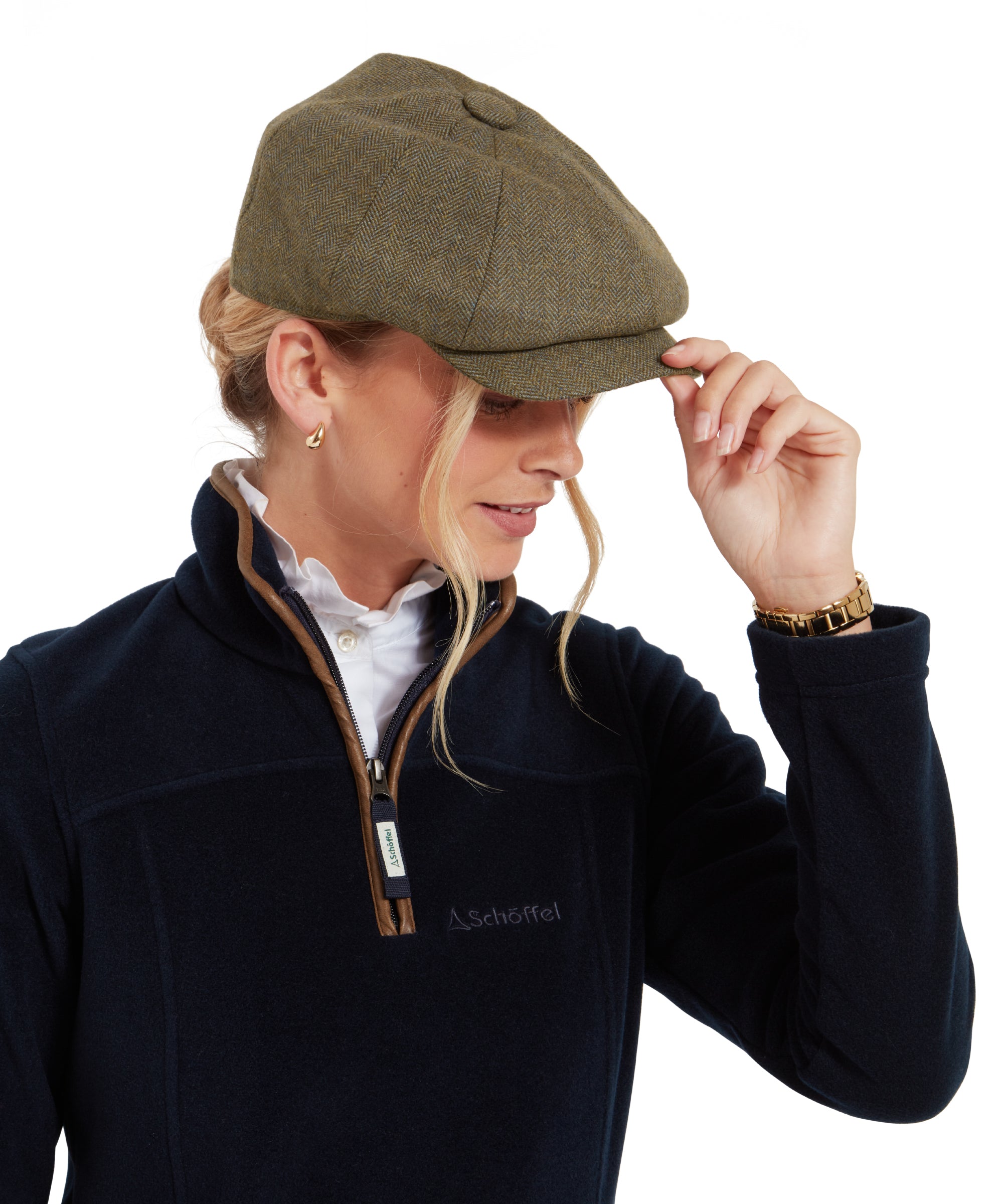 Women's Newsboy Tweed Cap - Loden Green Herringbone Tweed