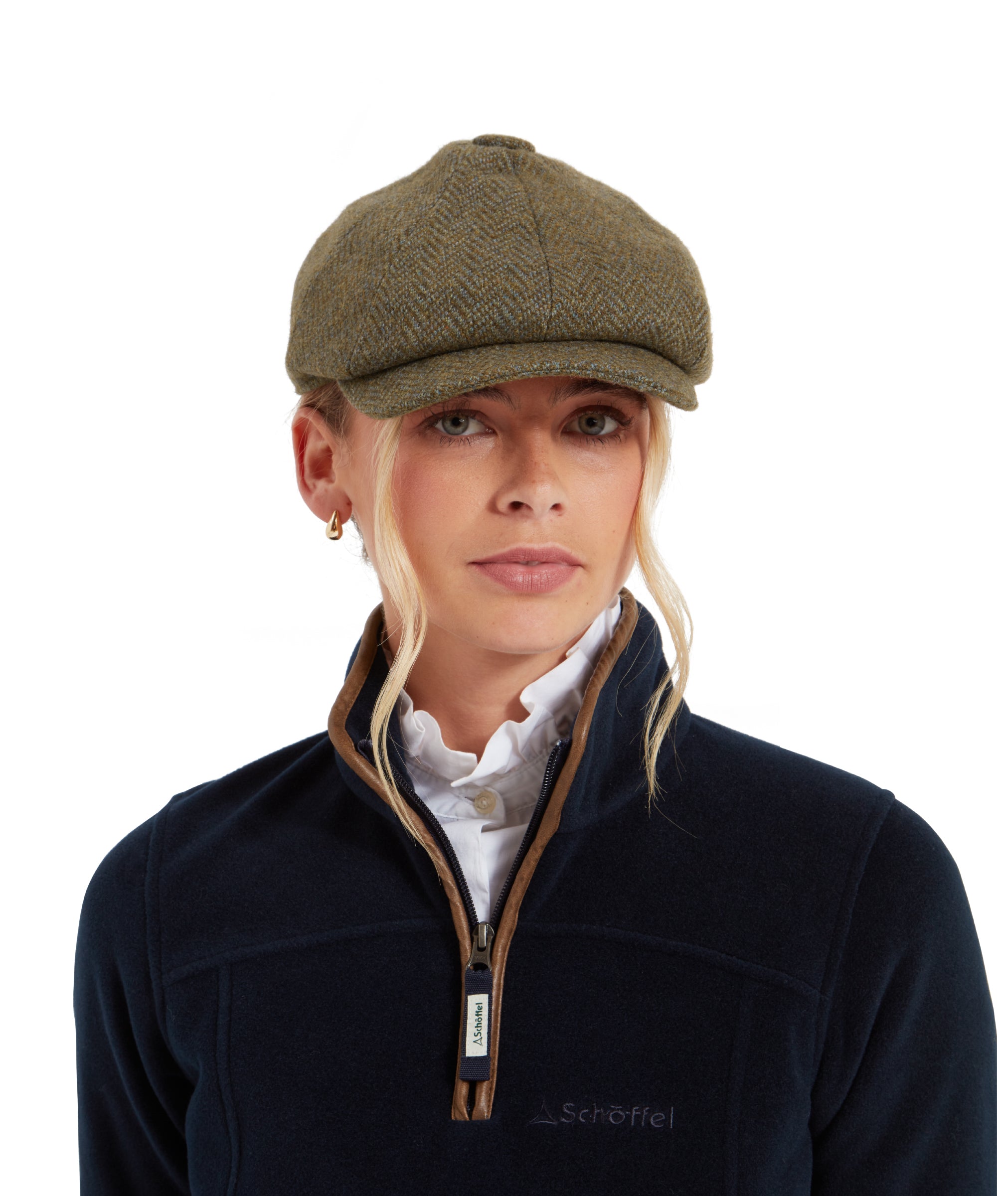 Women's Newsboy Tweed Cap - Loden Green Herringbone Wide Tweed