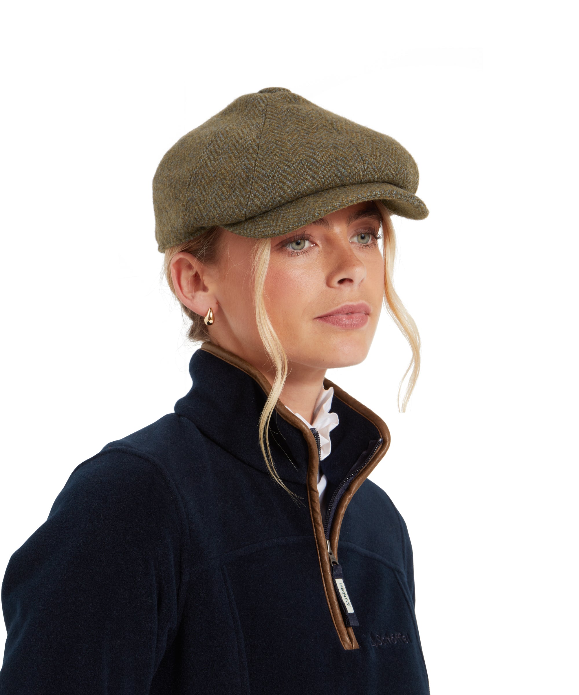 Women's Newsboy Tweed Cap - Loden Green Herringbone Wide Tweed