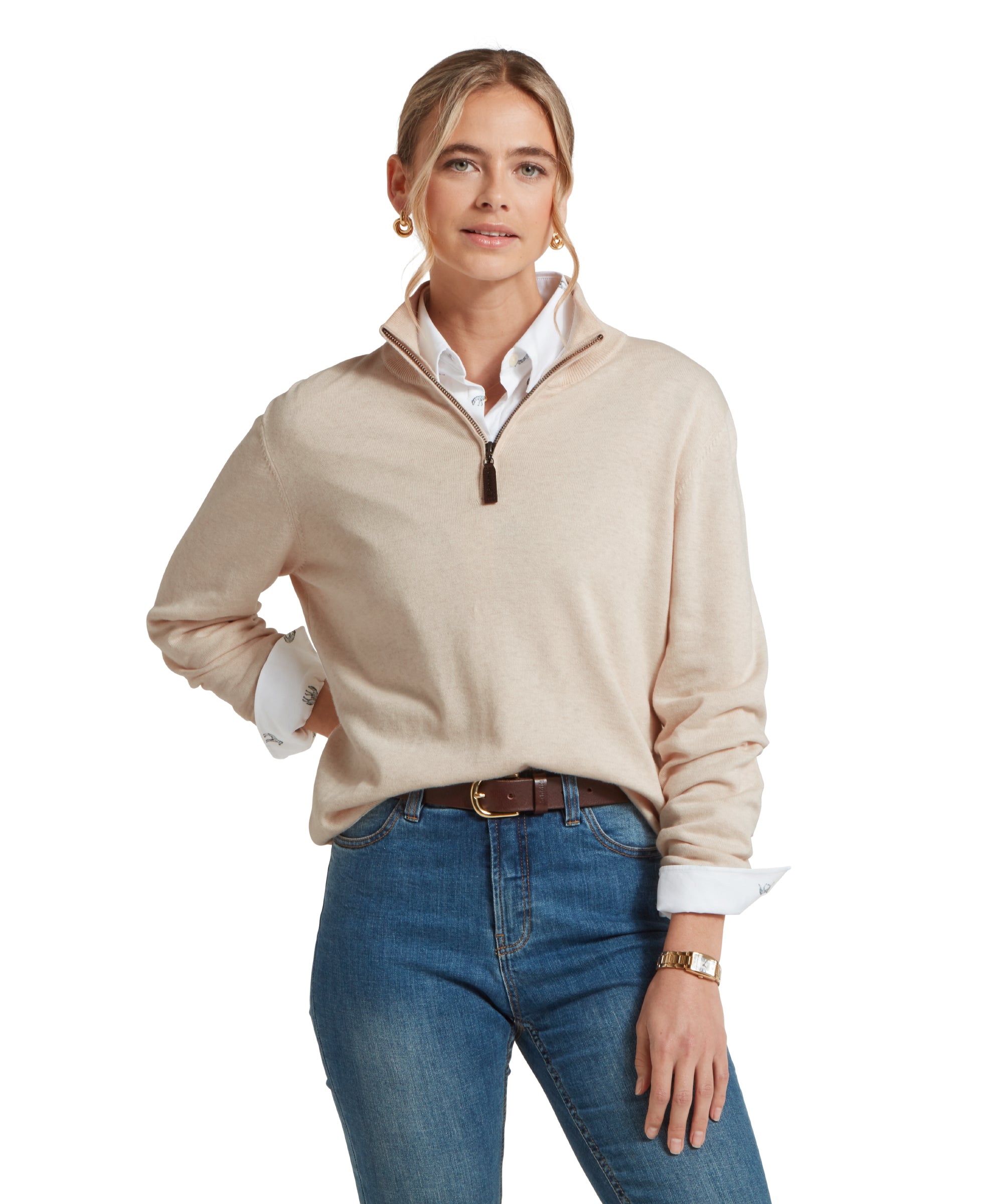 Polperro Pima Cotton Quarter Zip - Oat