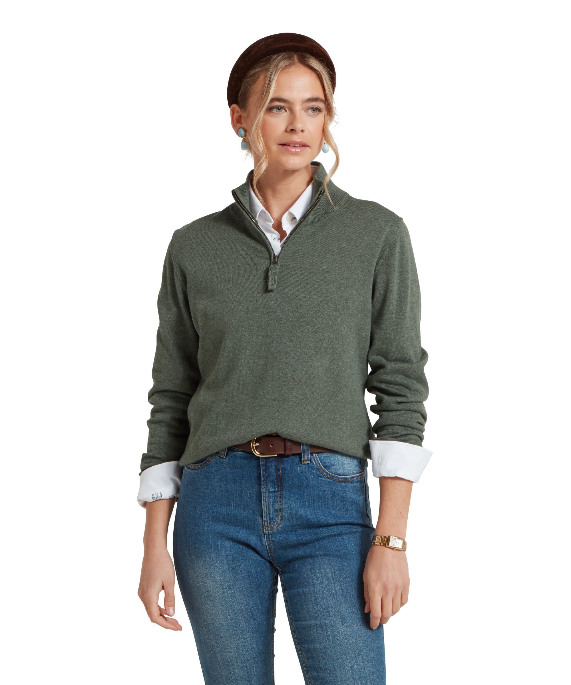 Polperro Quarter Zip Jumper - Country Green