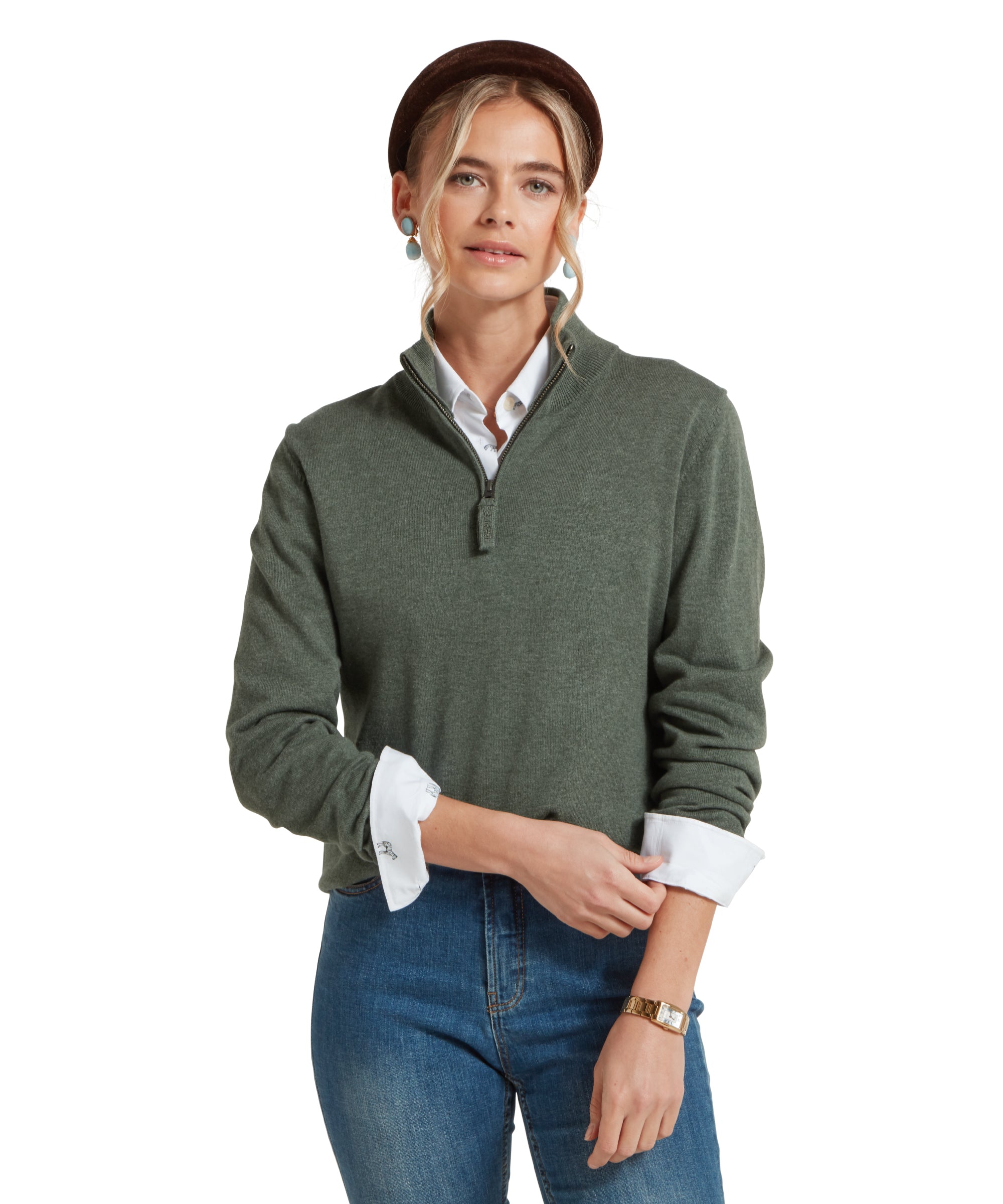 Polperro Quarter Zip Jumper - Country Green