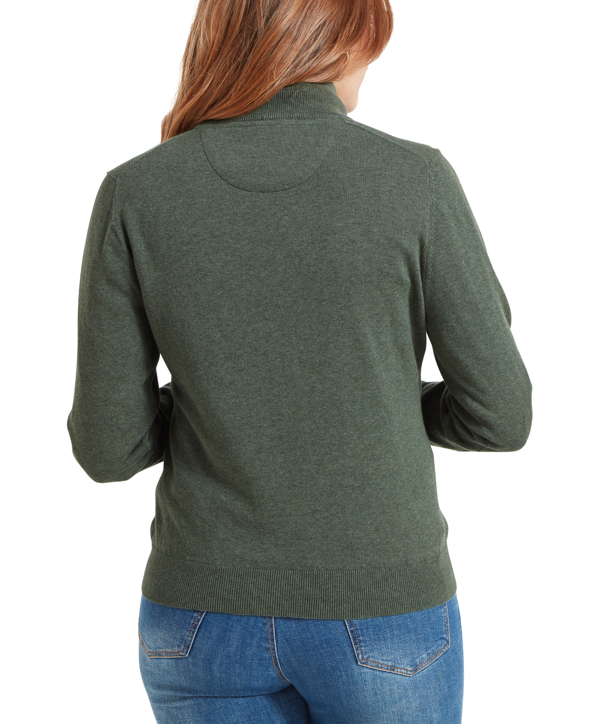 Back view of the woman in the Schöffel Polperro Pima Cotton 1/4 Zip for Women in Green, showing the fit and details of the sweater's back.