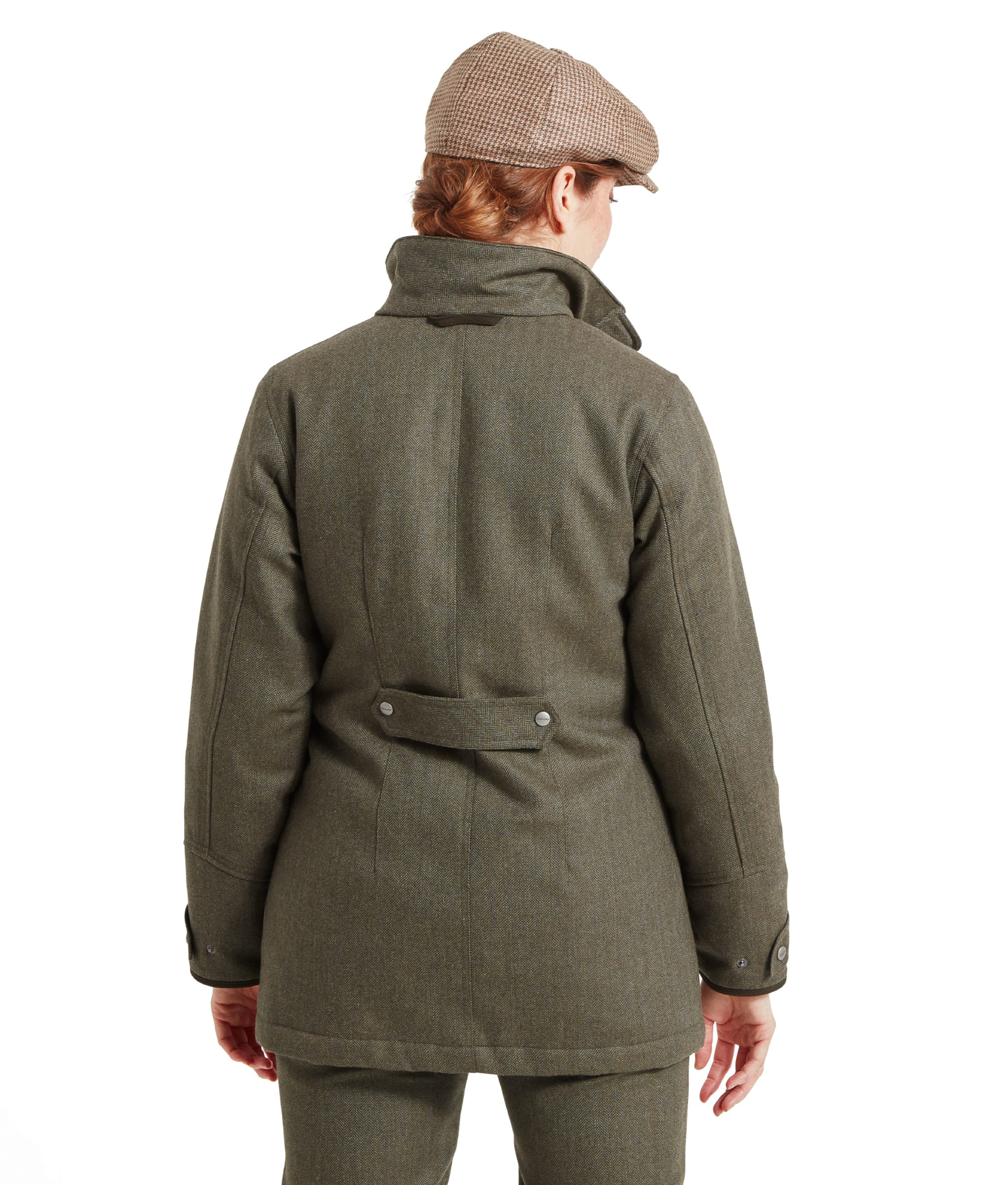 Back view of the Schöffel Ptarmigan Tweed Coat for Women in Green, displaying the coat’s structured design and buttoned strap across the back.