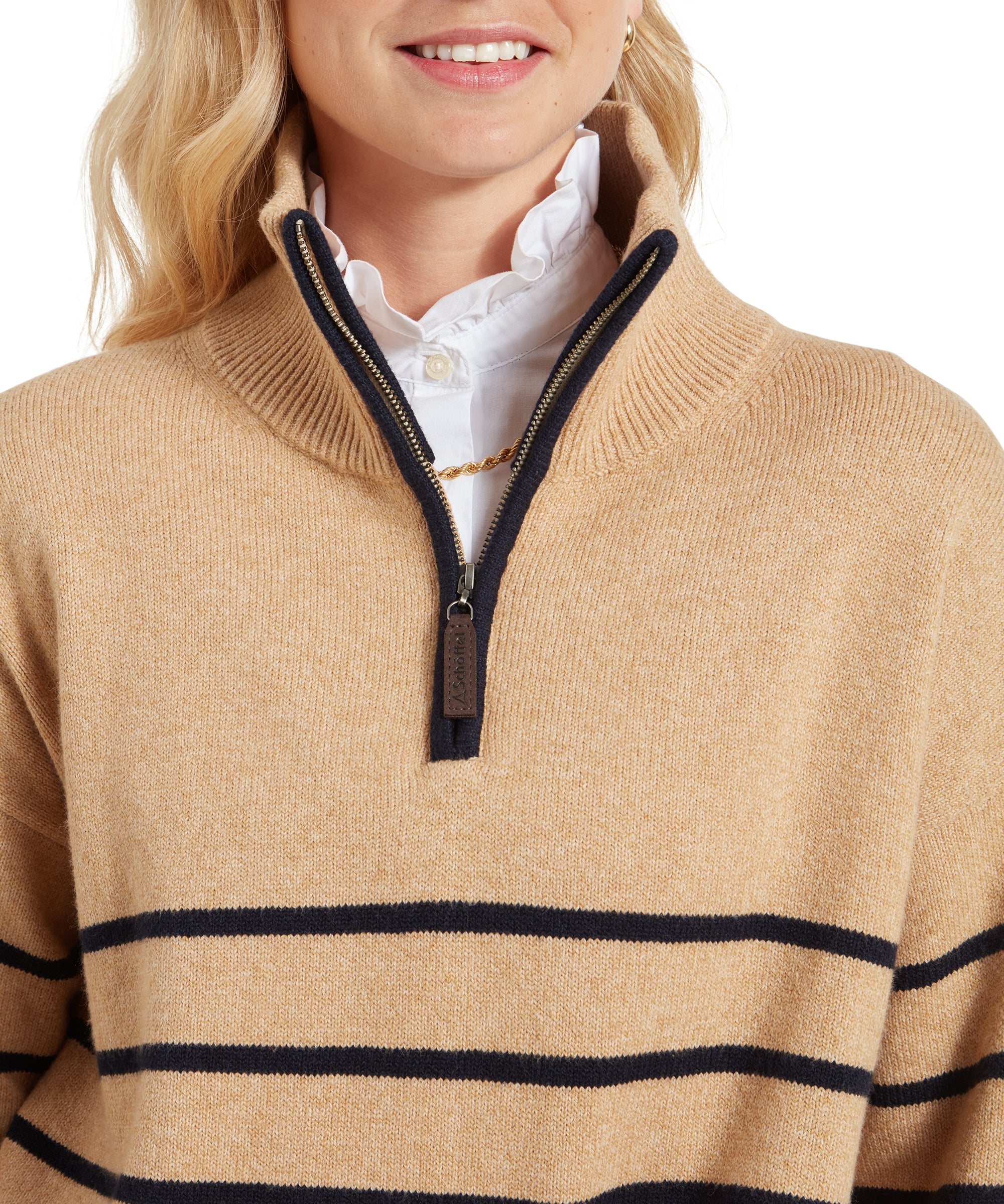 Close-up of the Schöffel Sandsend 1/4 Jumper for Women in Beige’s quarter-zip collar, emphasising the zip detail and the contrasting navy trim against the beige knit.