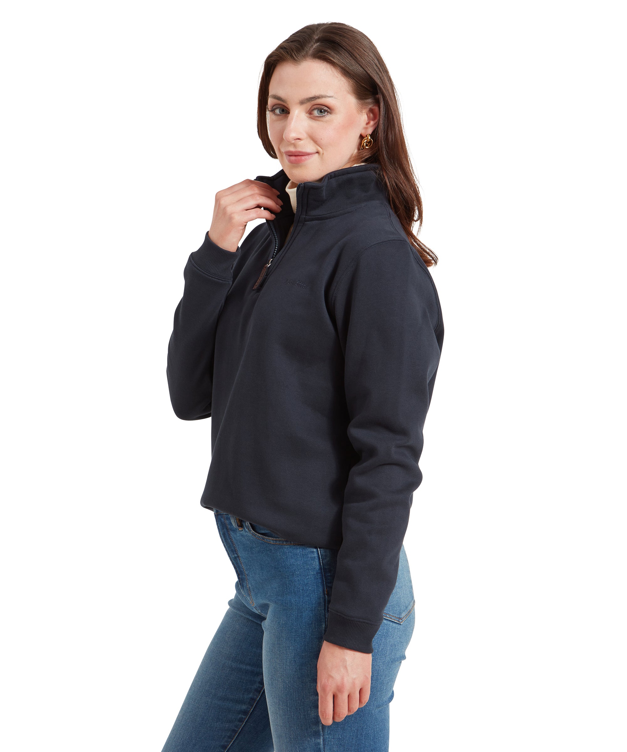 Side profile of a woman wearing a Schöffel Sennen Cove Sweatshirt for Womens in Dark Blue, slightly turned to her left, smiling.