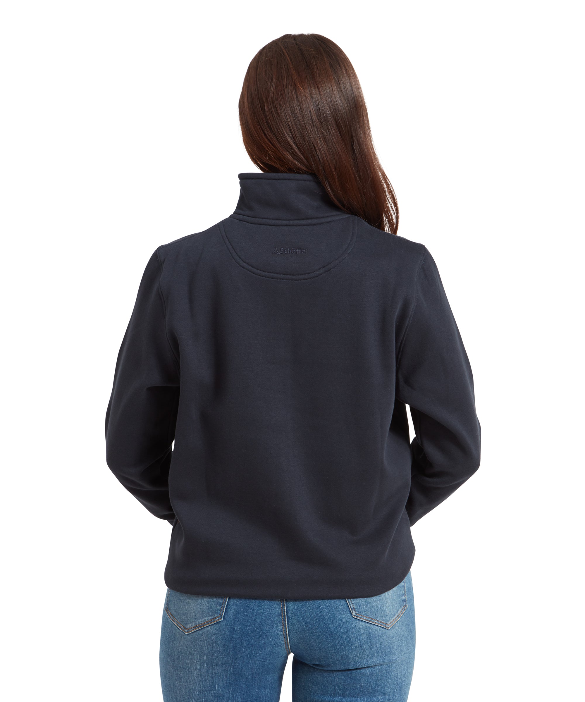 Back view of a woman wearing a Schöffel Sennen Cove Sweatshirt for Womens in Dark Blue, showing the simple design and collar details.