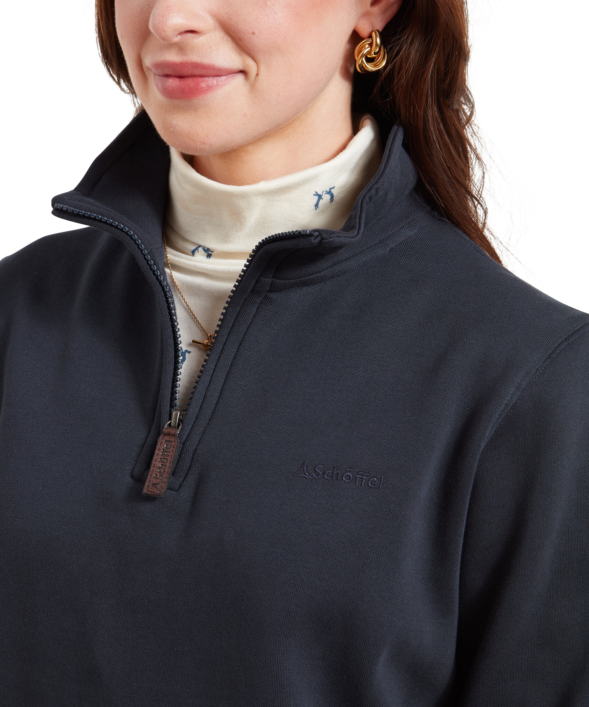 Close-up of the chest area of the Schöffel Sennen Cove Sweatshirt for Womens in Dark Blue, highlighting the embroidered brand logo and zipper details.