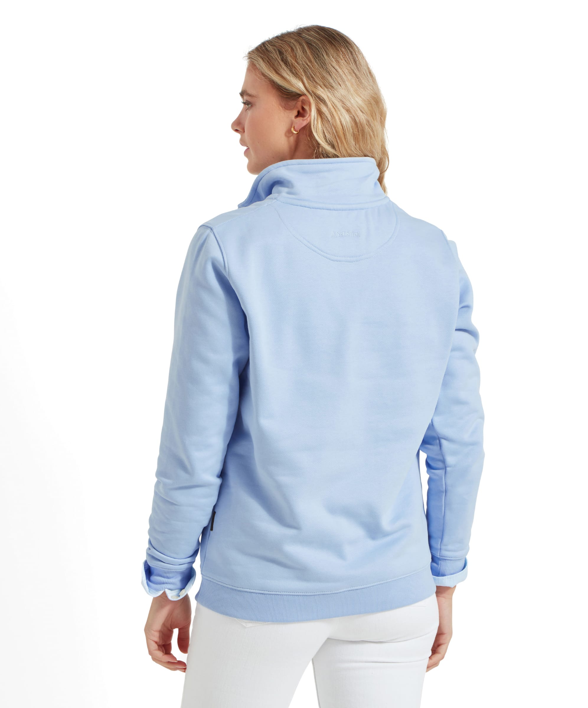 Rear view of the woman wearing the Schöffel Sennen Cove Sweatshirt for Womens in Blue, showing the back collar and shoulder details.