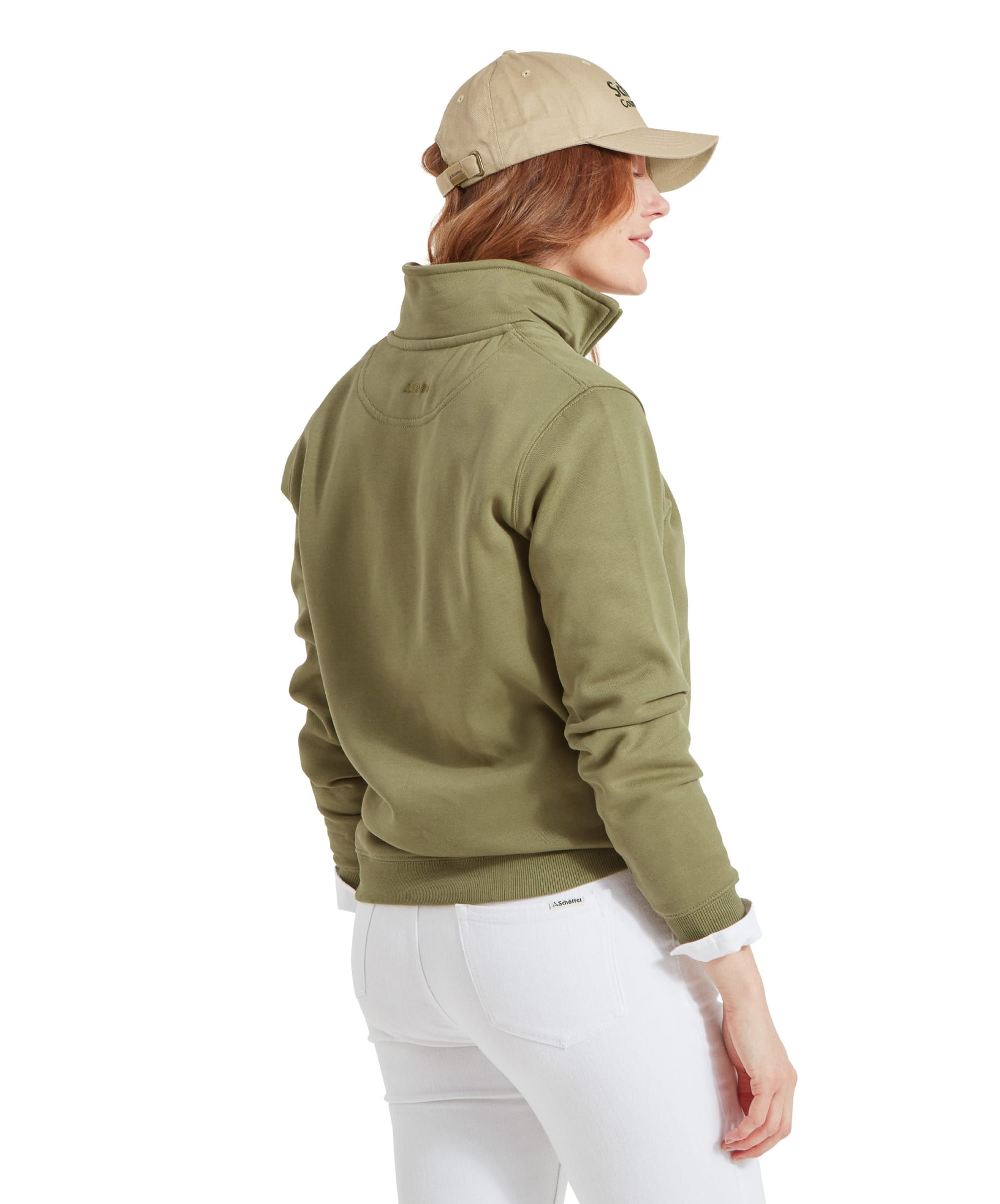 Back view of a woman wearing a Schöffel Sennen Cove Sweatshirt for Womens in Green and beige cap, showing the collar detail of the sweatshirt.