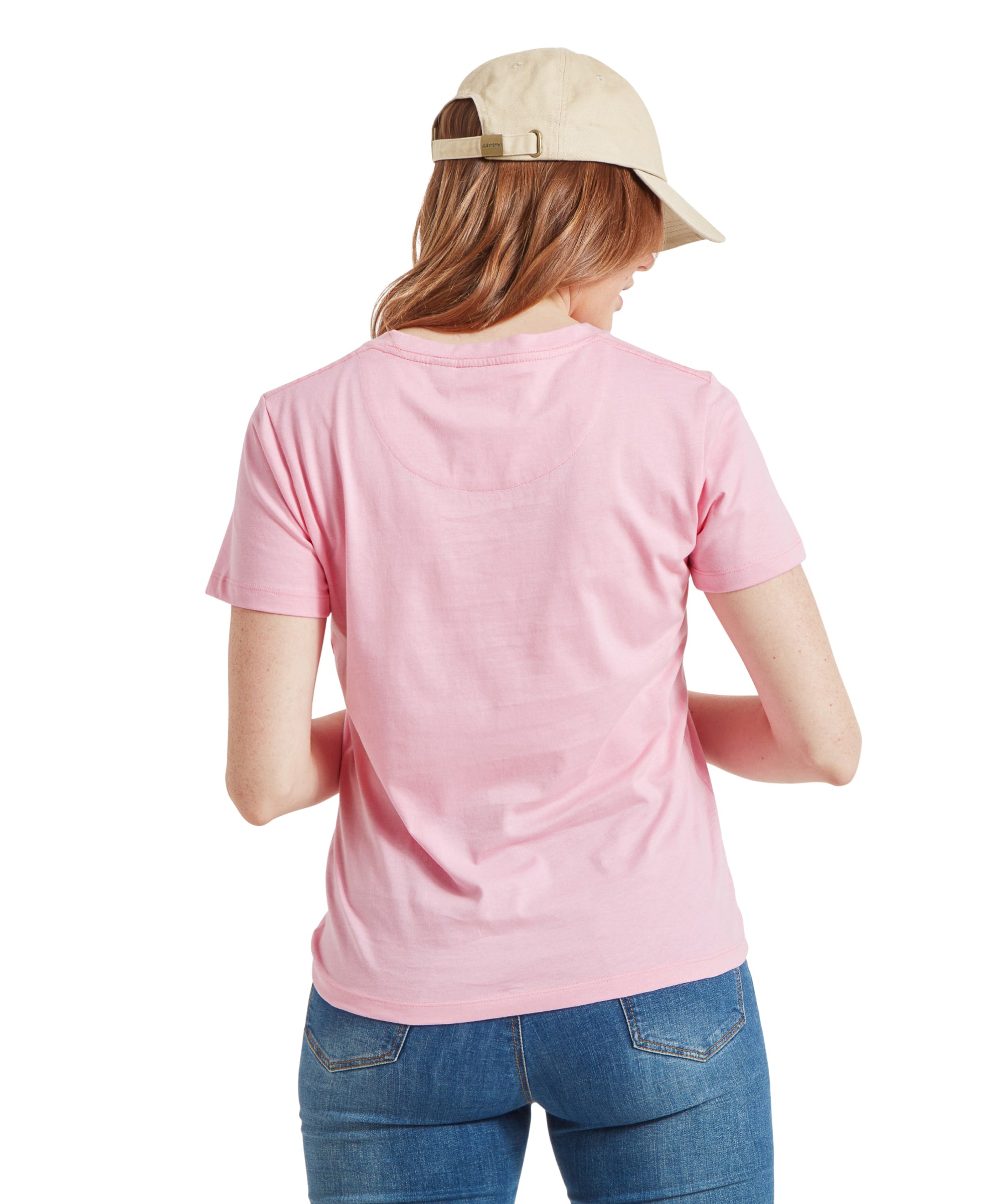 Back view of the model wearing Schöffel Women's Tresco T-Shirt in Pink, showing the rear design and fit.